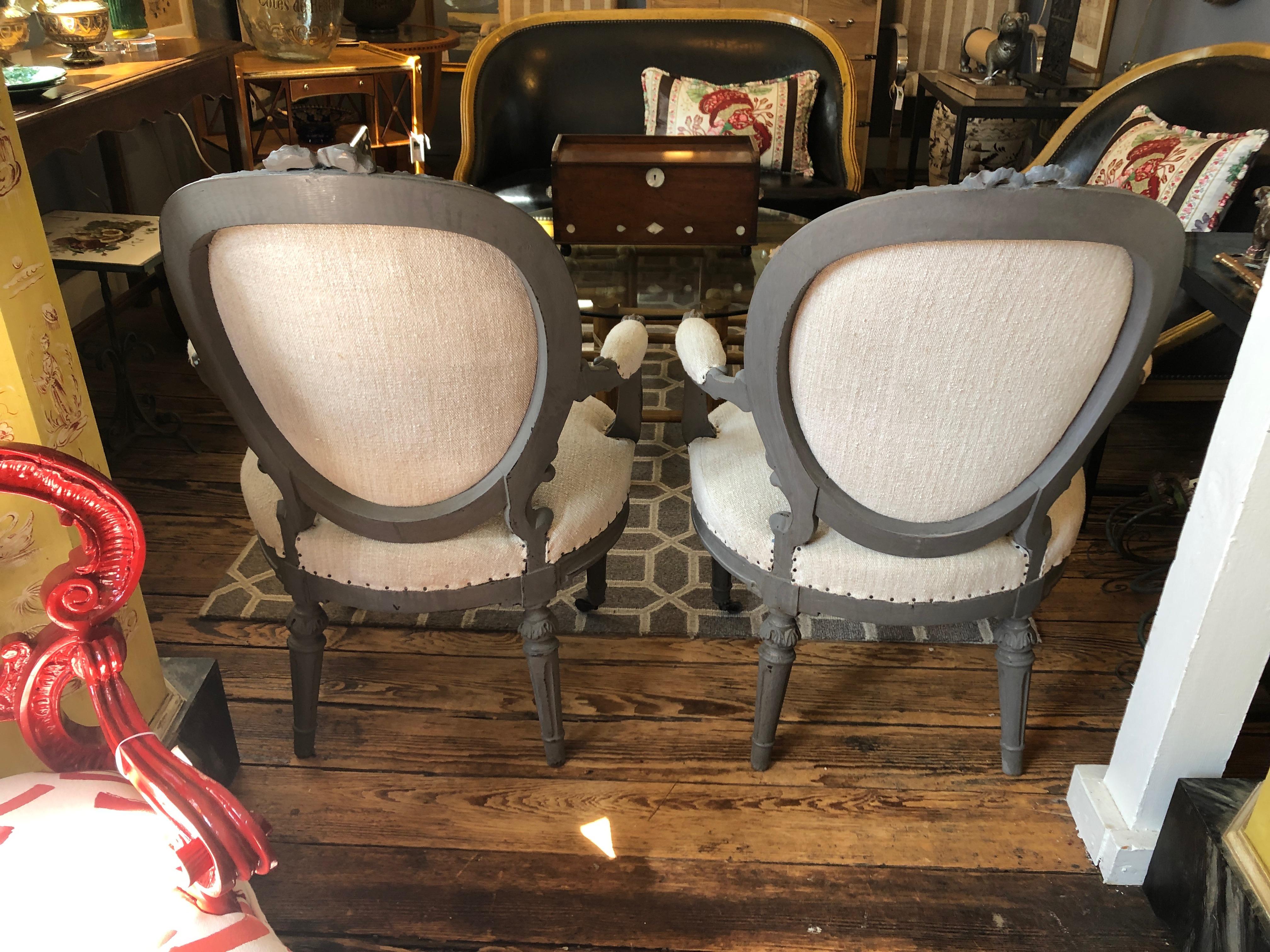 Romantic Pair of Grey Painted French Fauteuil Chairs with Oatmeal Upholstery 3