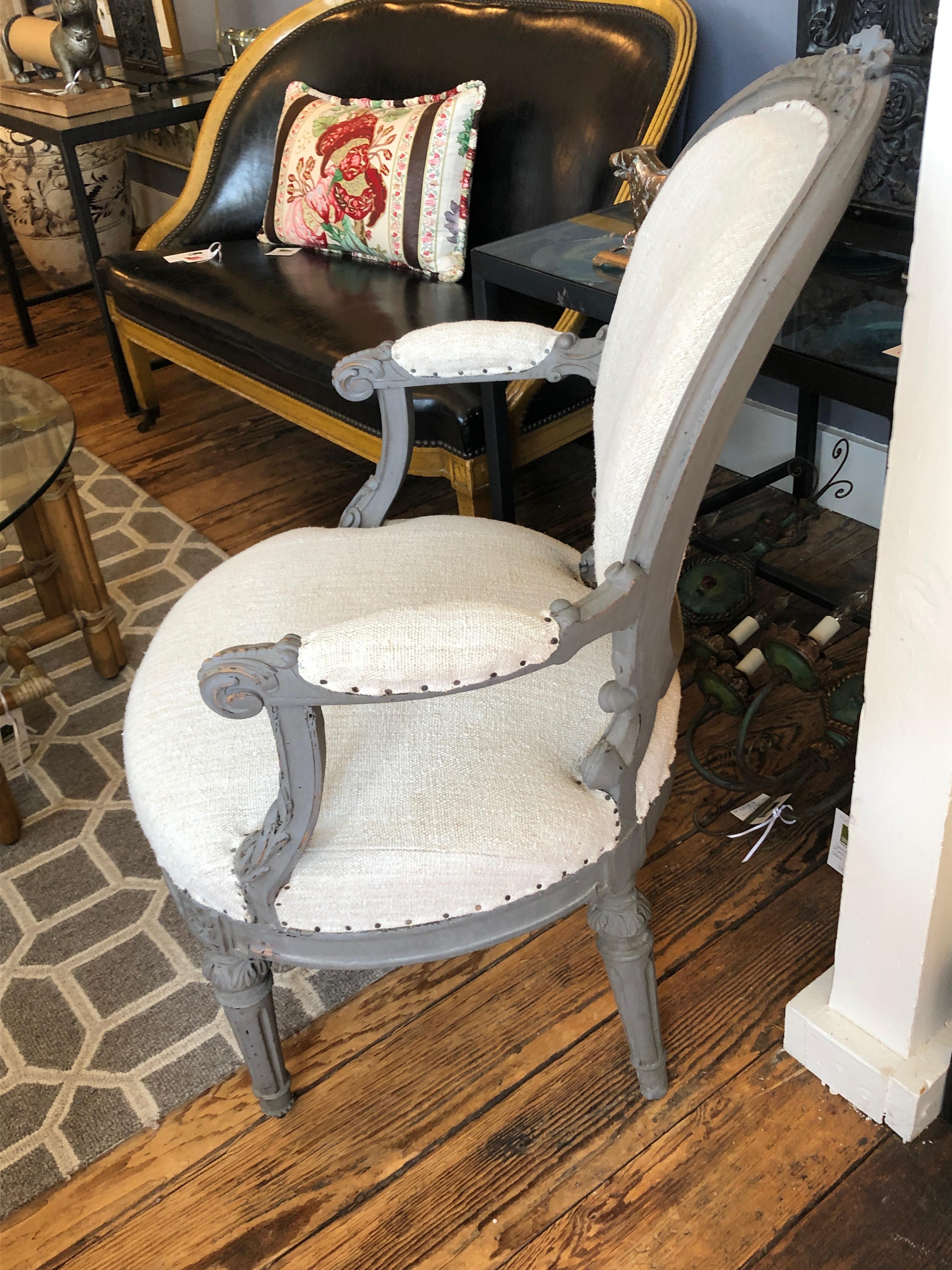 Wood Romantic Pair of Grey Painted French Fauteuil Chairs with Oatmeal Upholstery