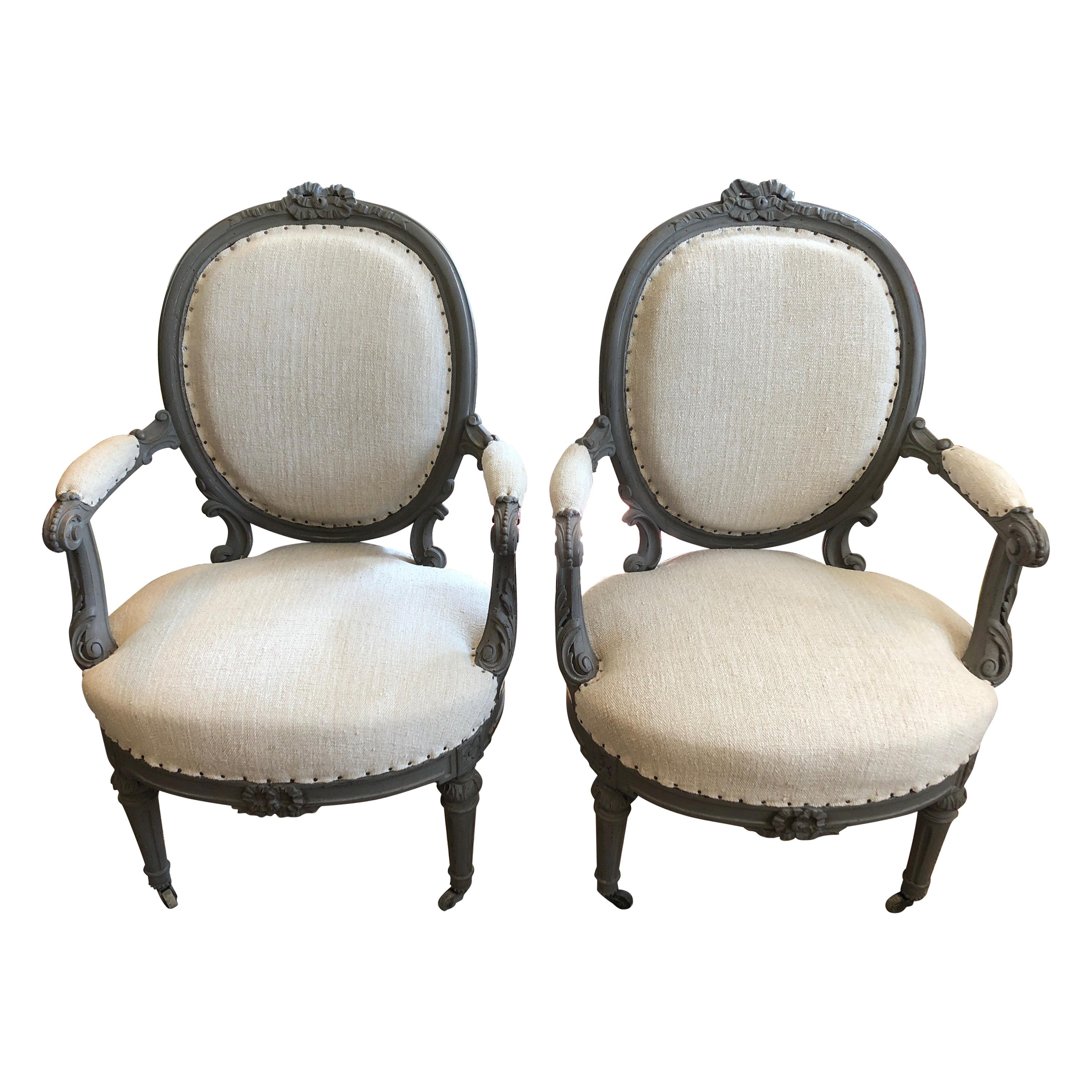 Romantic Pair of Grey Painted French Fauteuil Chairs with Oatmeal Upholstery