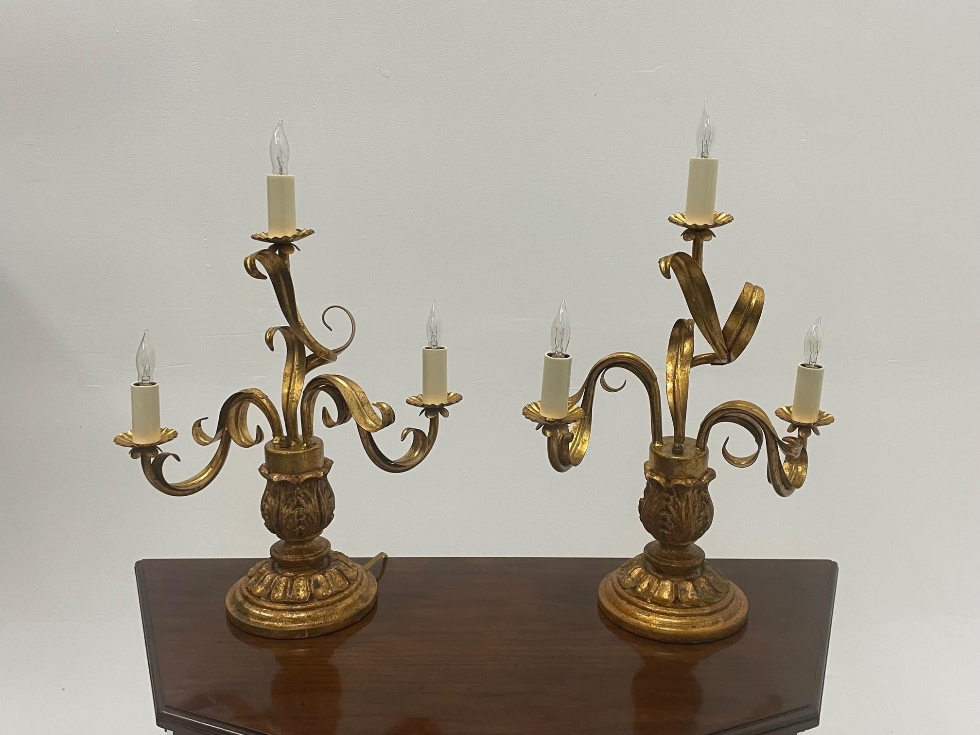 Romantic Pair of Italian Gilt Metal & Wood Candleabra Style Table Lamps In Good Condition In Hopewell, NJ