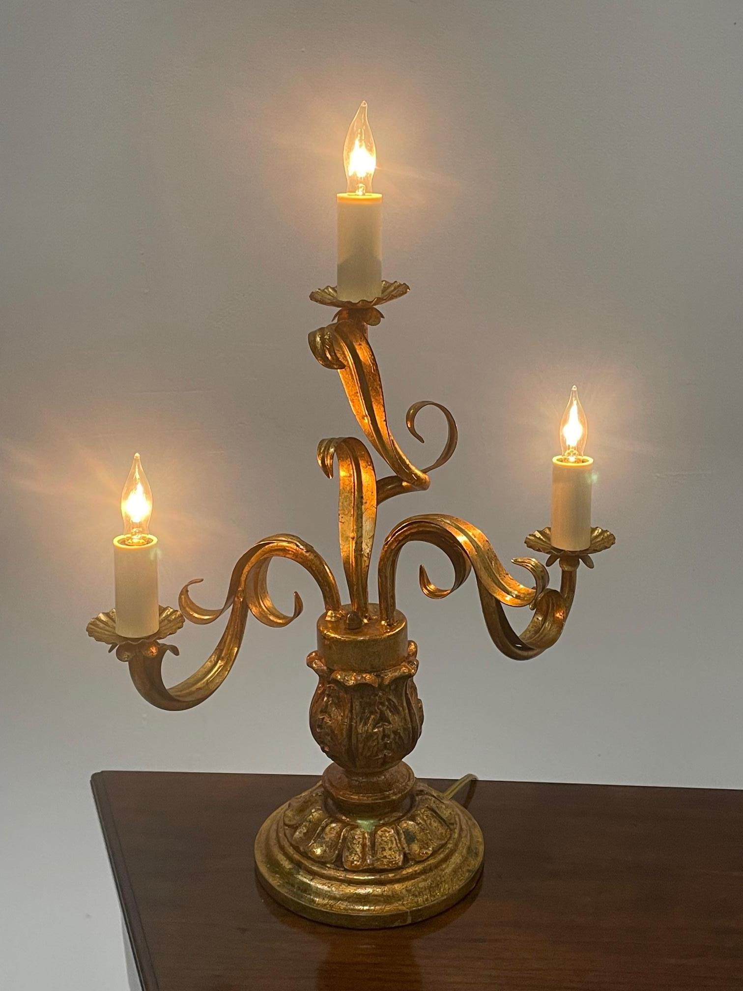 Late 20th Century Romantic Pair of Italian Gilt Metal & Wood Candleabra Style Table Lamps