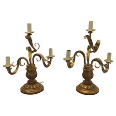 Romantic Pair of Italian Gilt Metal & Wood Candleabra Style Table Lamps