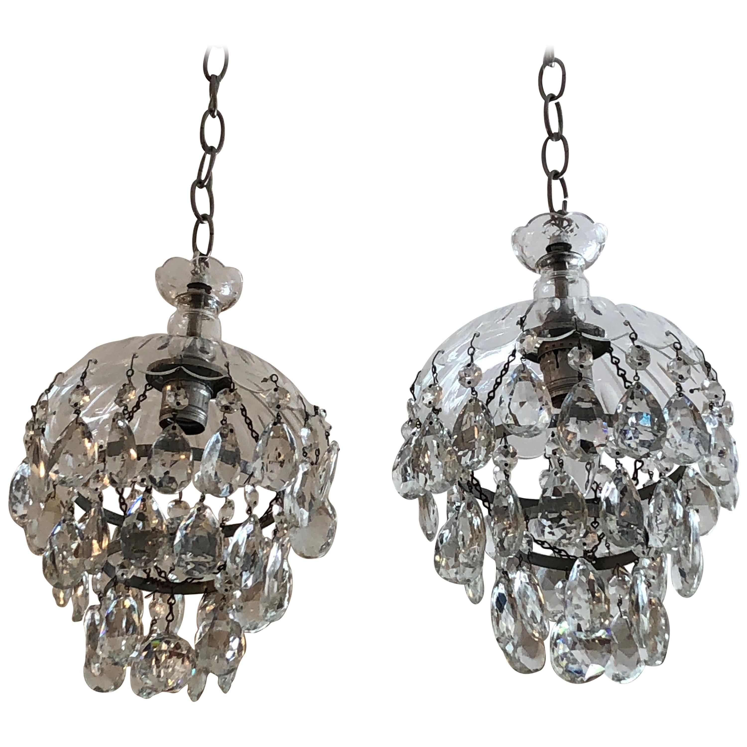 Romantic Pair of Pretty Cut Glass and Crystal French Chandelier Pendants