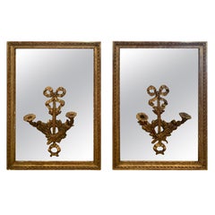 Romantic Pair of Rectangular Antique Mirrors with Candle Sconces