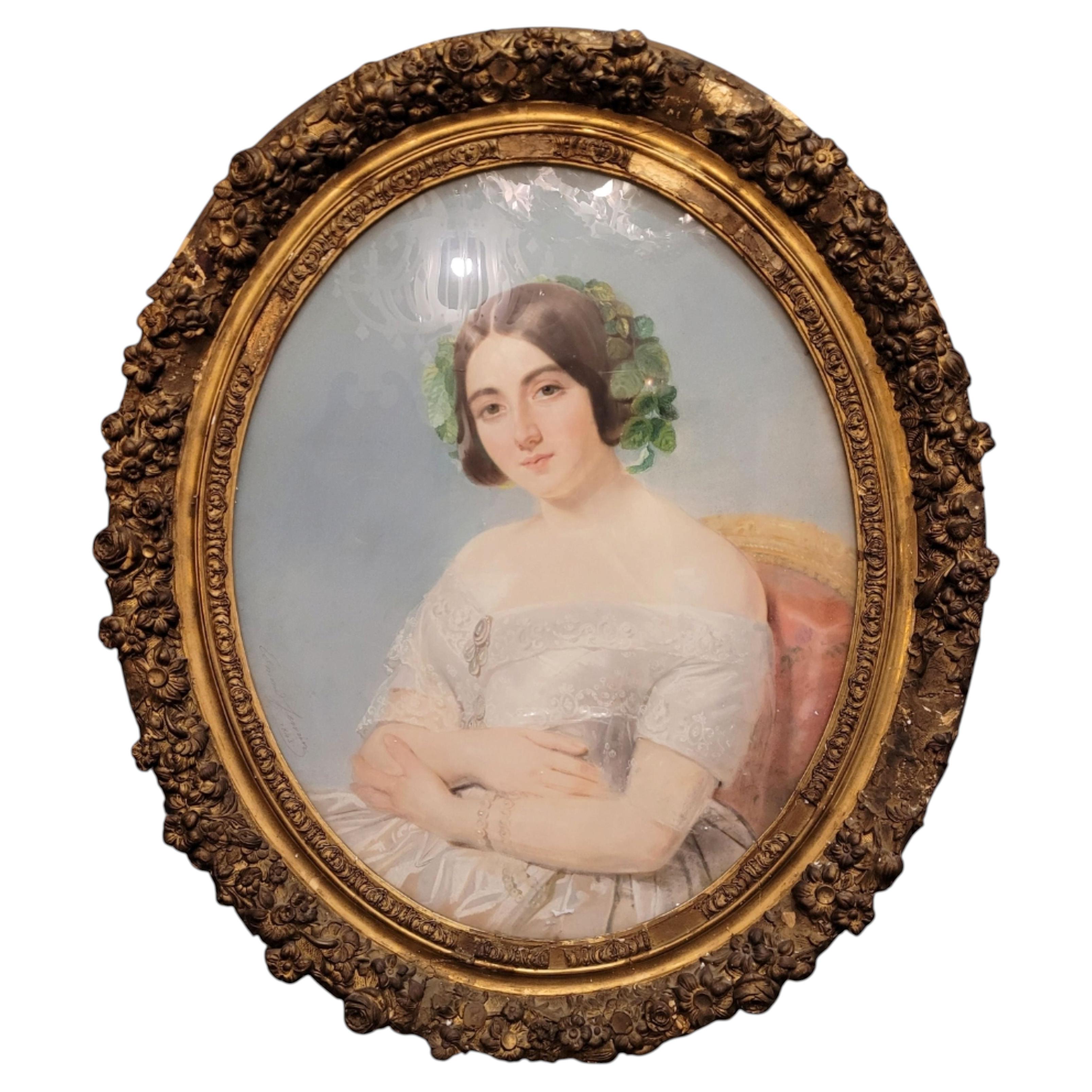 Romantic Pastel on paper “Aristocratic Portrait”, Signed Edmond Jewrin For Sale