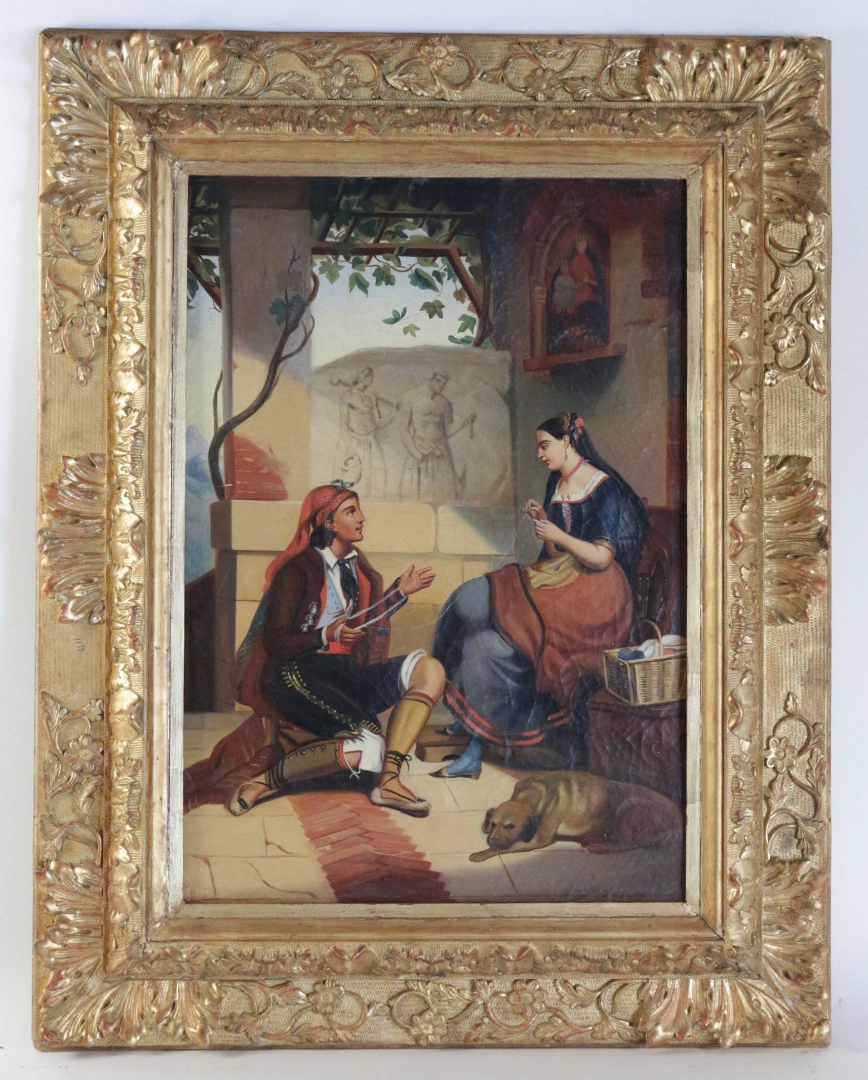 Ornamental oil on canvas, depicting a figurative scene, 