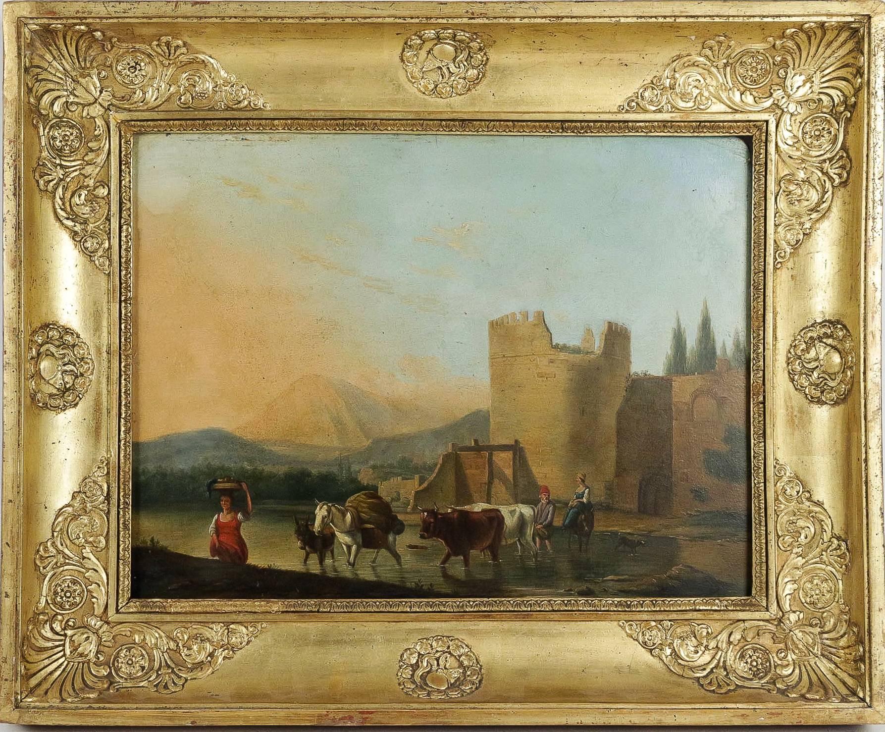 A lovely Romantic Italian painting. Oil on panel depicting “an Italian rural landscape with the shepherd and the shepherdess crossing a river with their herd.”
Impressive set of colors which make this painting warm.

Original