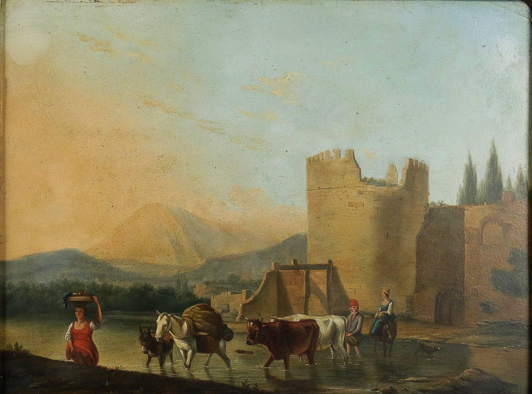 Oiled Romantic Period, Italian Landscape, Oil on Panel, circa 1830-1840 For Sale