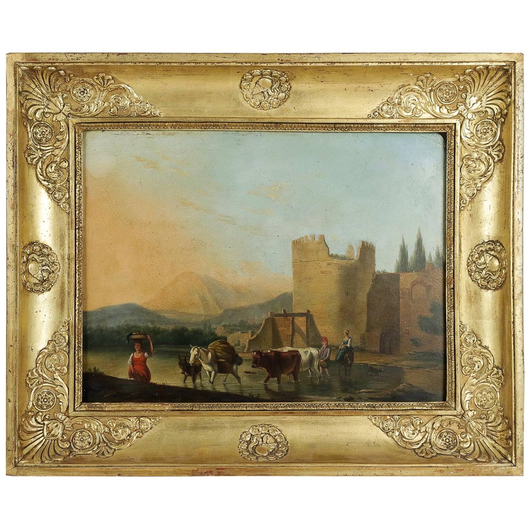 Romantic Period, Italian Landscape, Oil on Panel, circa 1830-1840 For Sale