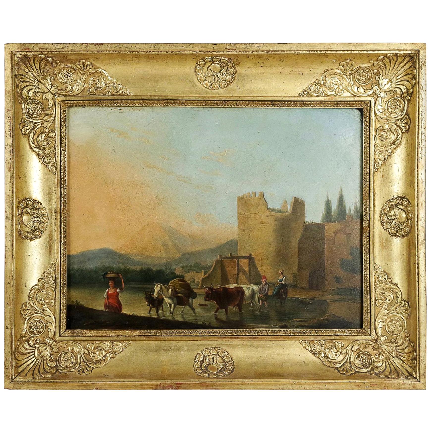 Romantic Period, Italian Landscape, Oil on Panel, circa 1830-1840 For Sale