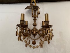Romantic Petite Four Arm Vintage Brass Chandelier with Amber Crystals