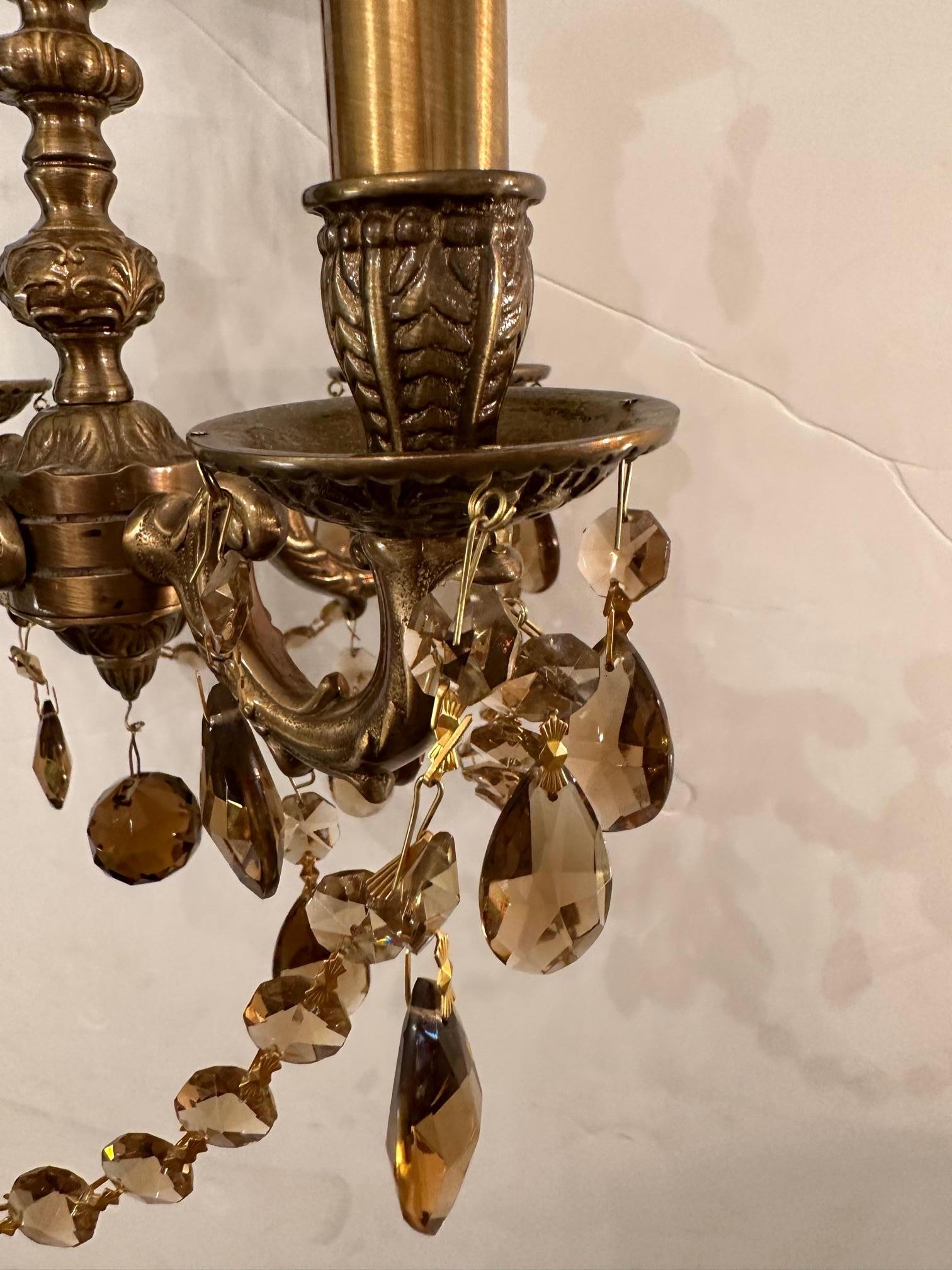 Mid-20th Century Romantic Petite Four Arm Vintage Brass Chandelier with Amber Crystals For Sale