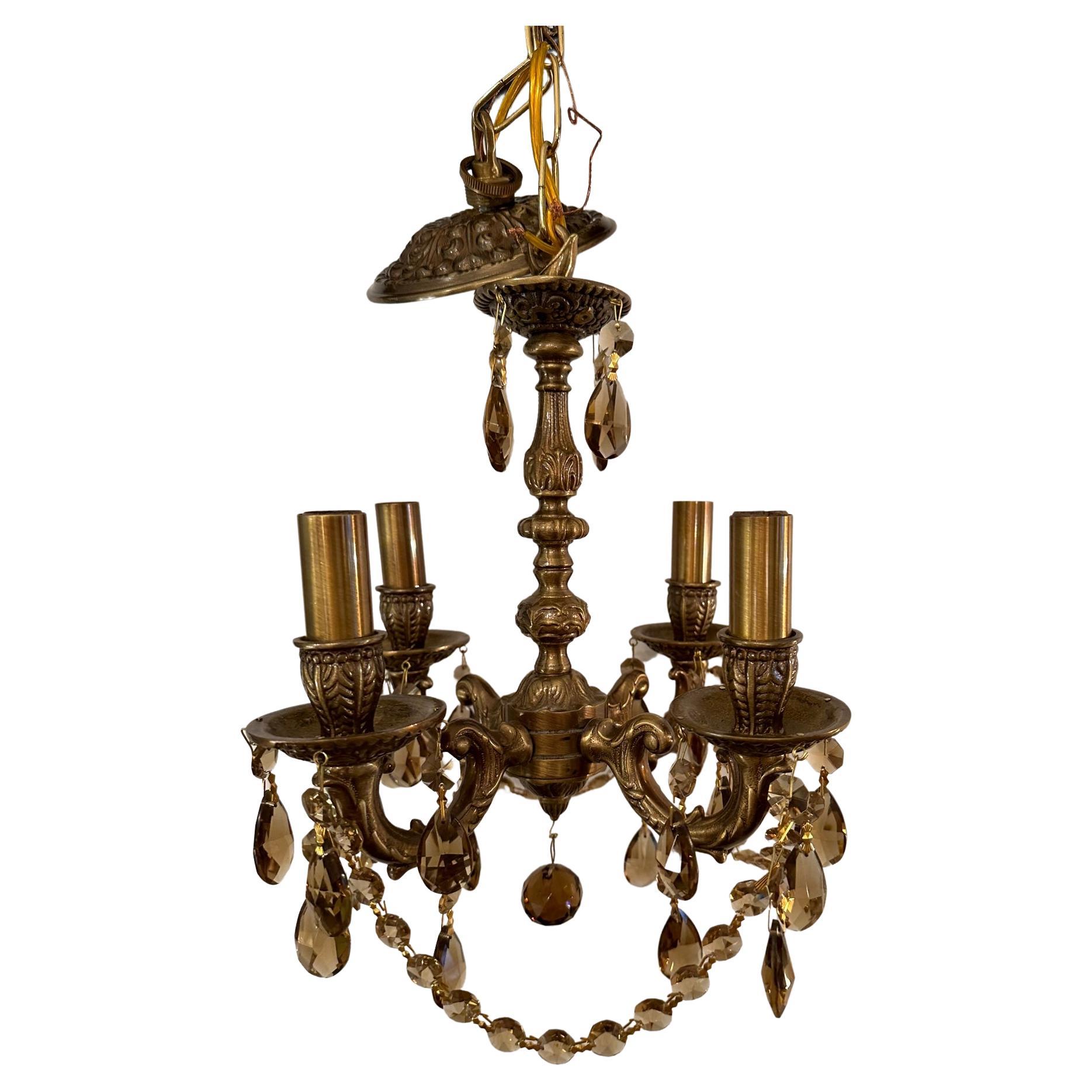 Romantic Petite Four Arm Vintage Brass Chandelier with Amber Crystals For Sale