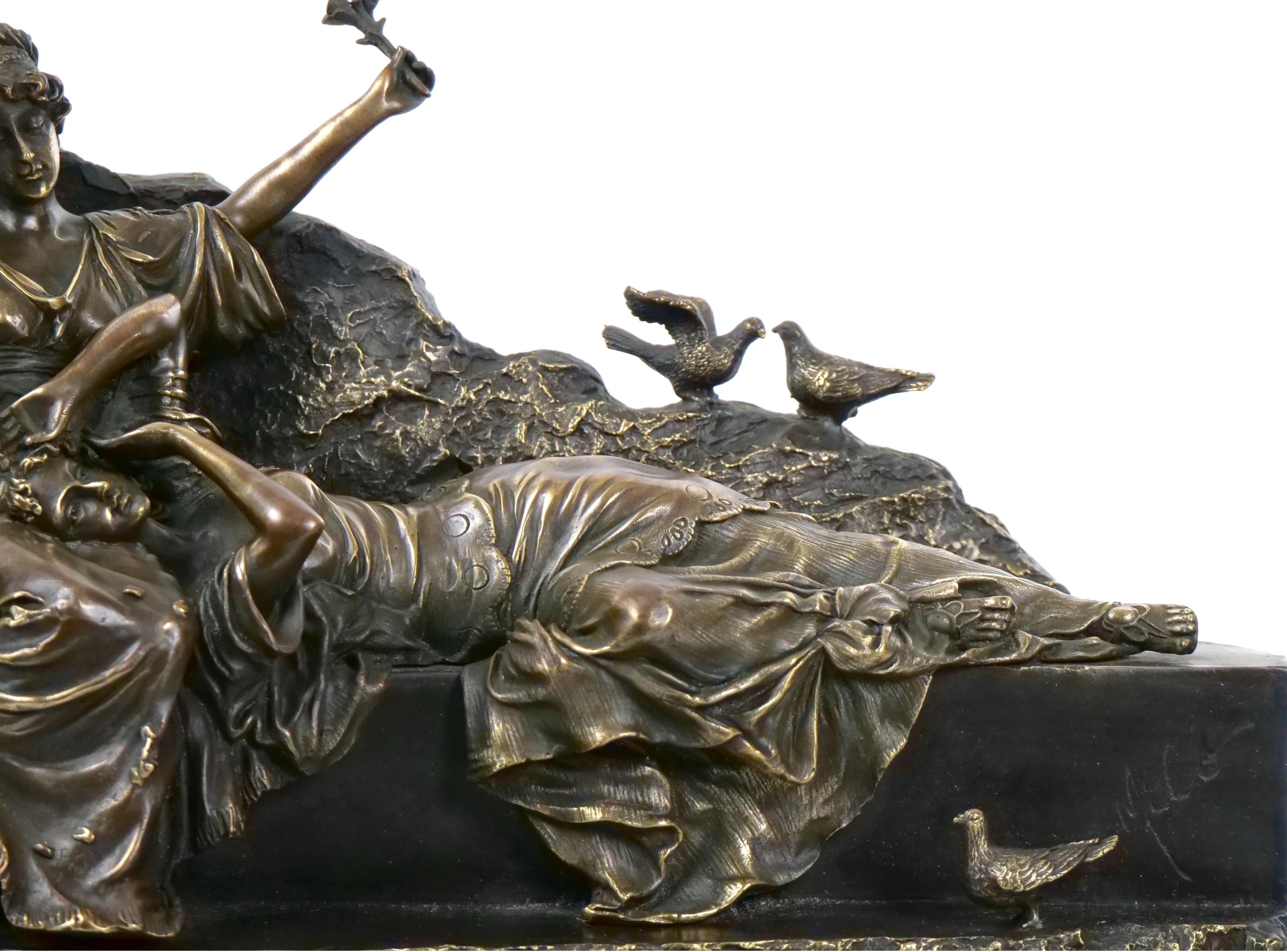 Portuguese Romantic Reclining Gilt Bronze Sculpture / Miguel Fernando Lopez Aka Milo For Sale