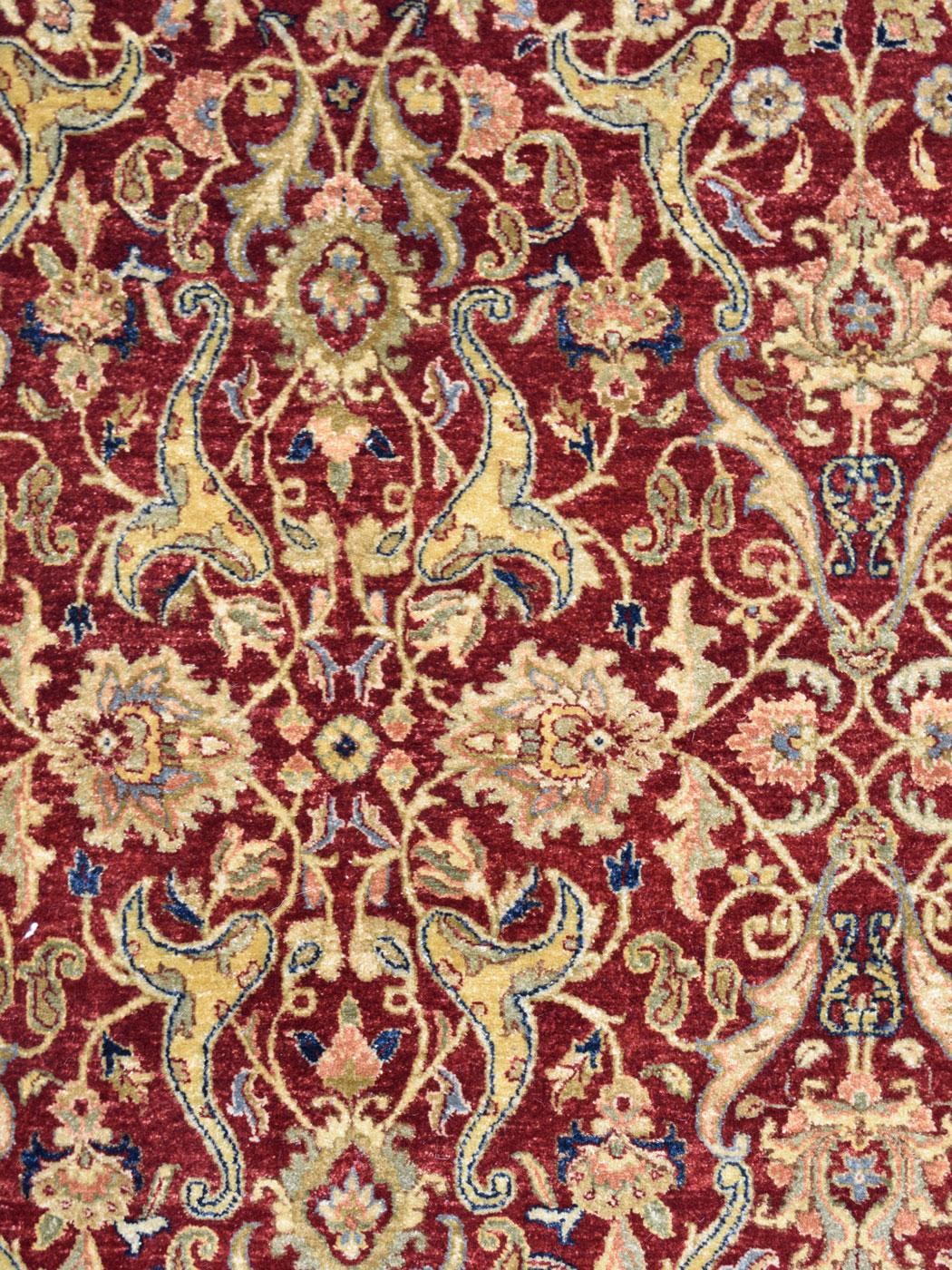 Kirman Romantic Red, Taupe, and Indigo Hand Knotted Wool Lavar Carpet, 6' x 9' For Sale