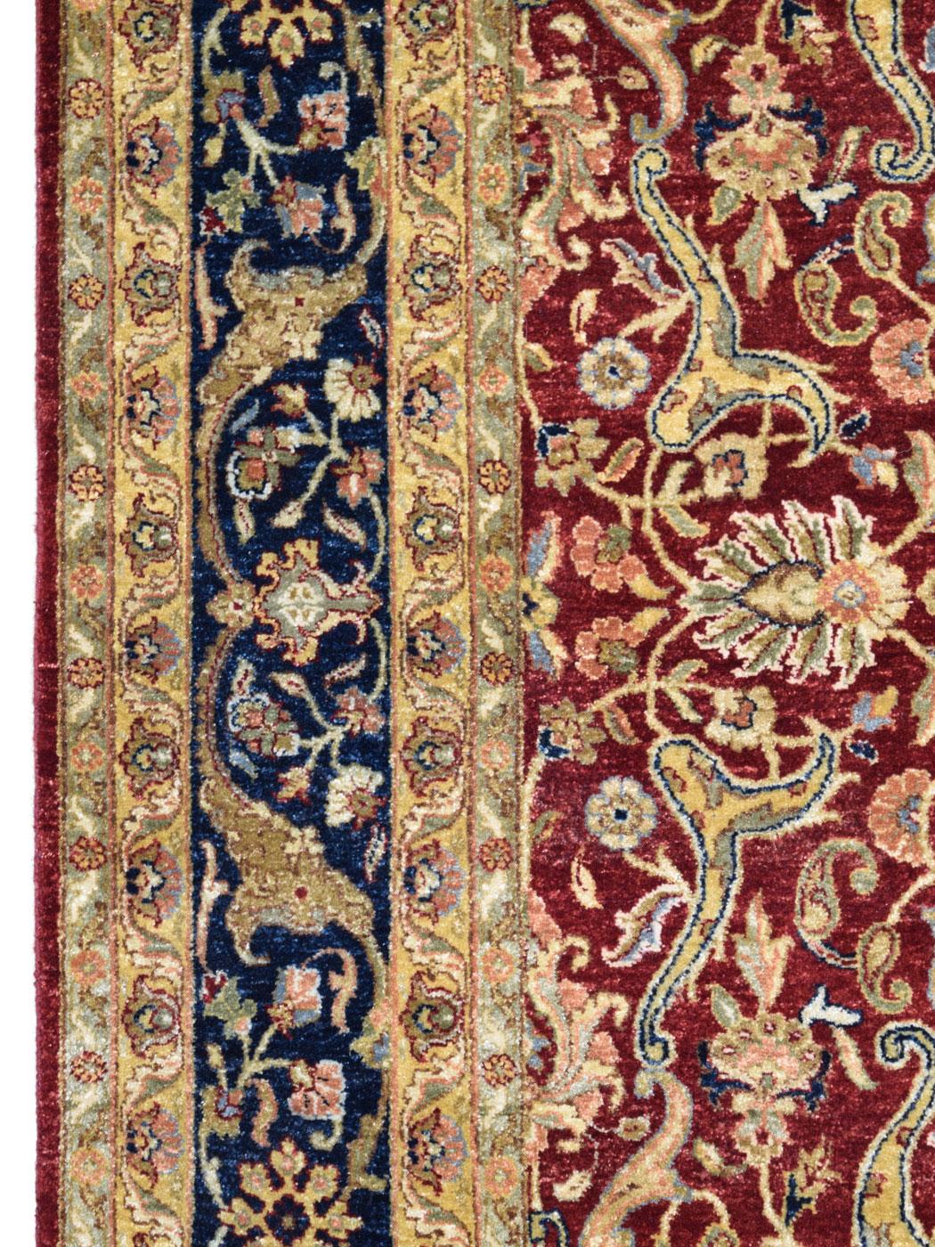 Vegetable Dyed Romantic Red, Taupe, and Indigo Hand Knotted Wool Lavar Carpet, 6' x 9' For Sale
