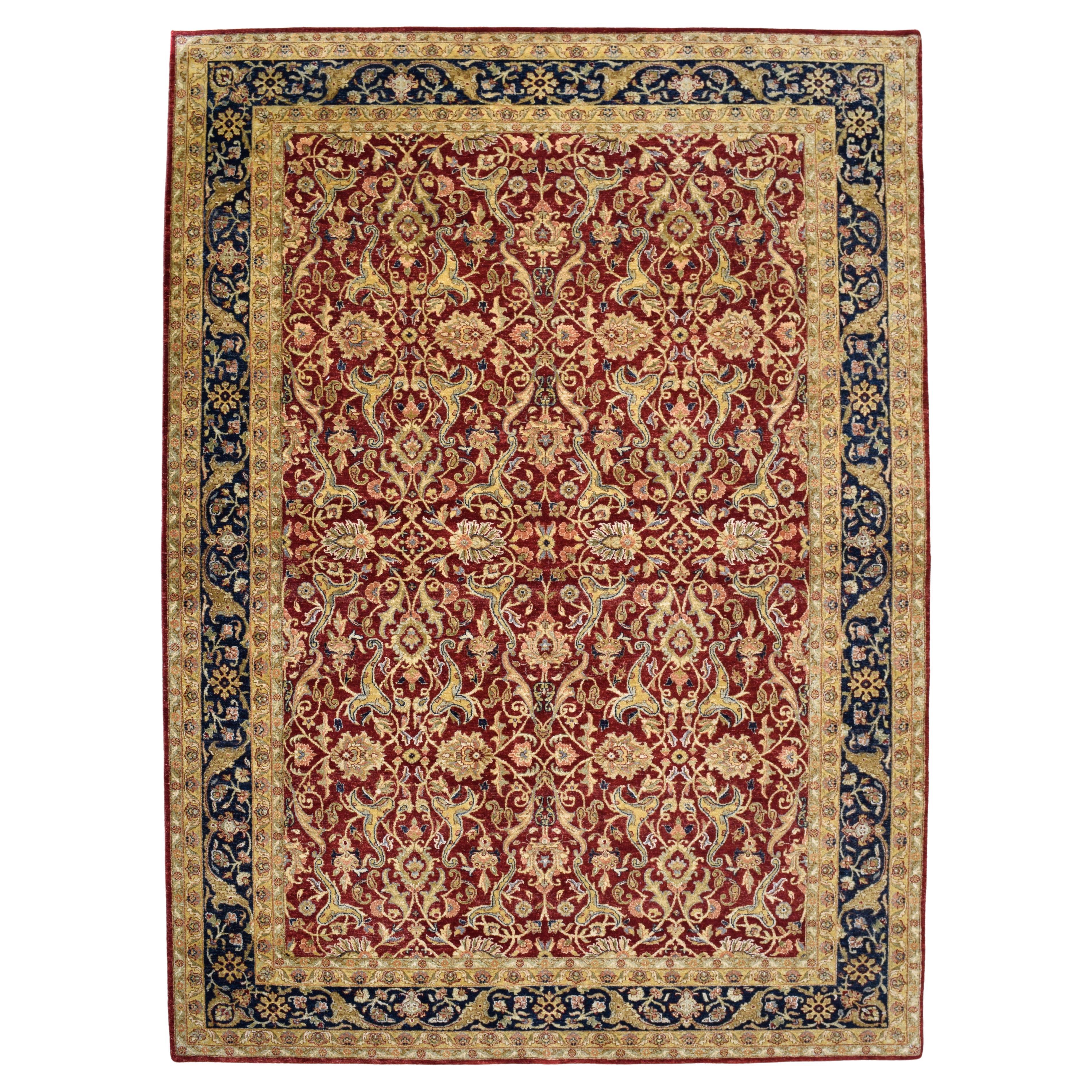 Romantic Red, Taupe, and Indigo Hand Knotted Wool Lavar Carpet, 6' x 9' For Sale