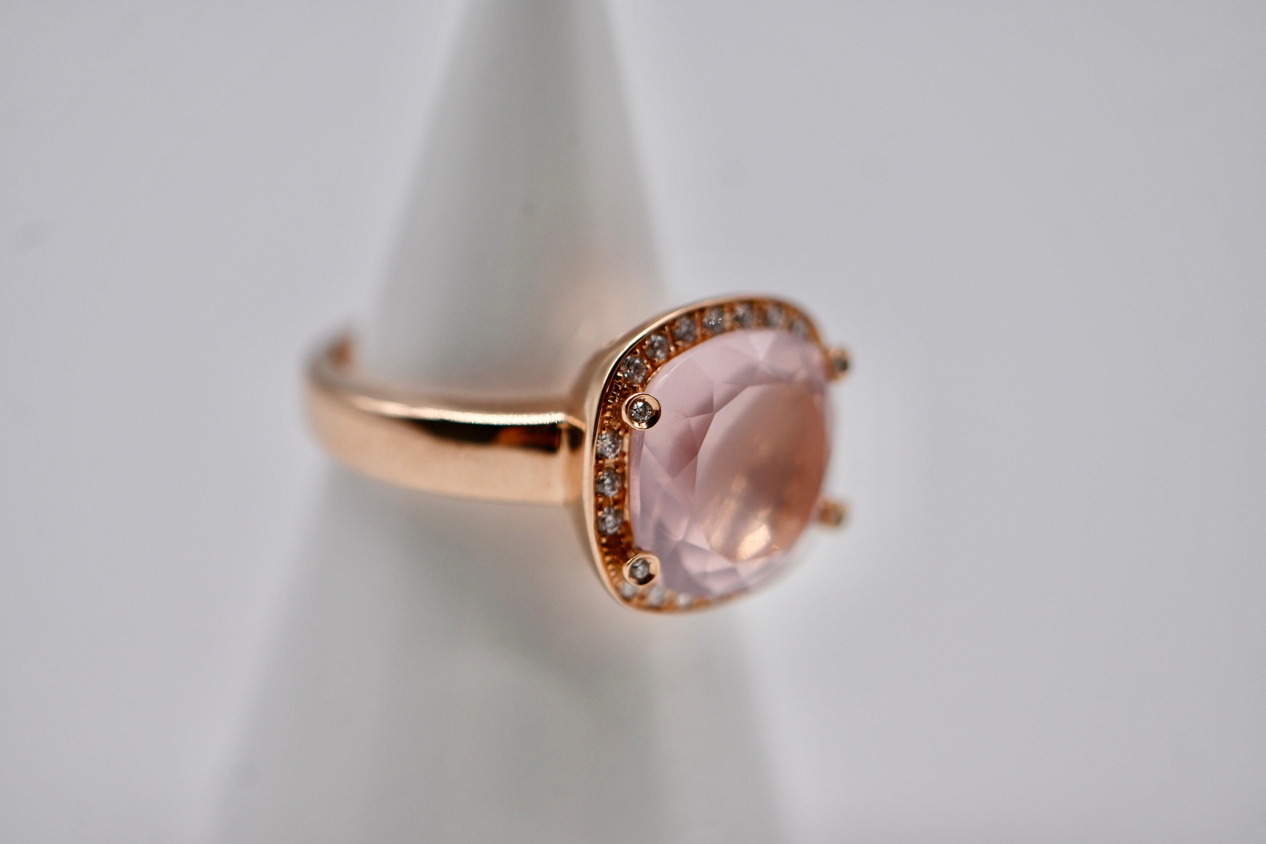Cushion Cut Romantic Rose Gold Ring with Rose Quartz and Brilliant-Cut Diamonds For Sale