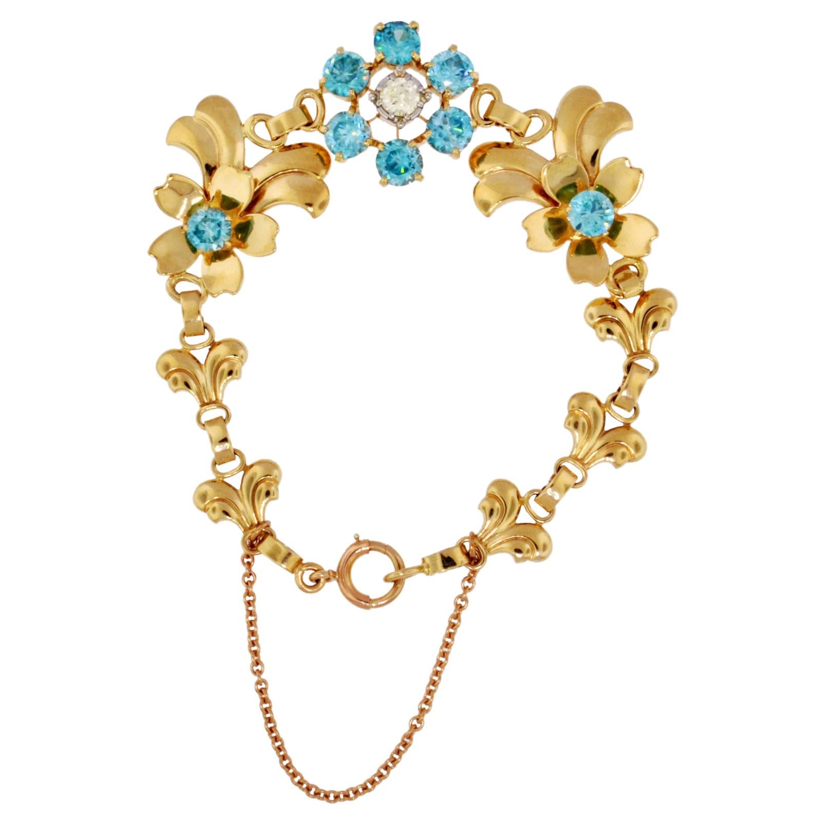Romantic Vintage Diamond and Blue Topaz Flower Bracelet in 14 Karat Yellow Gold