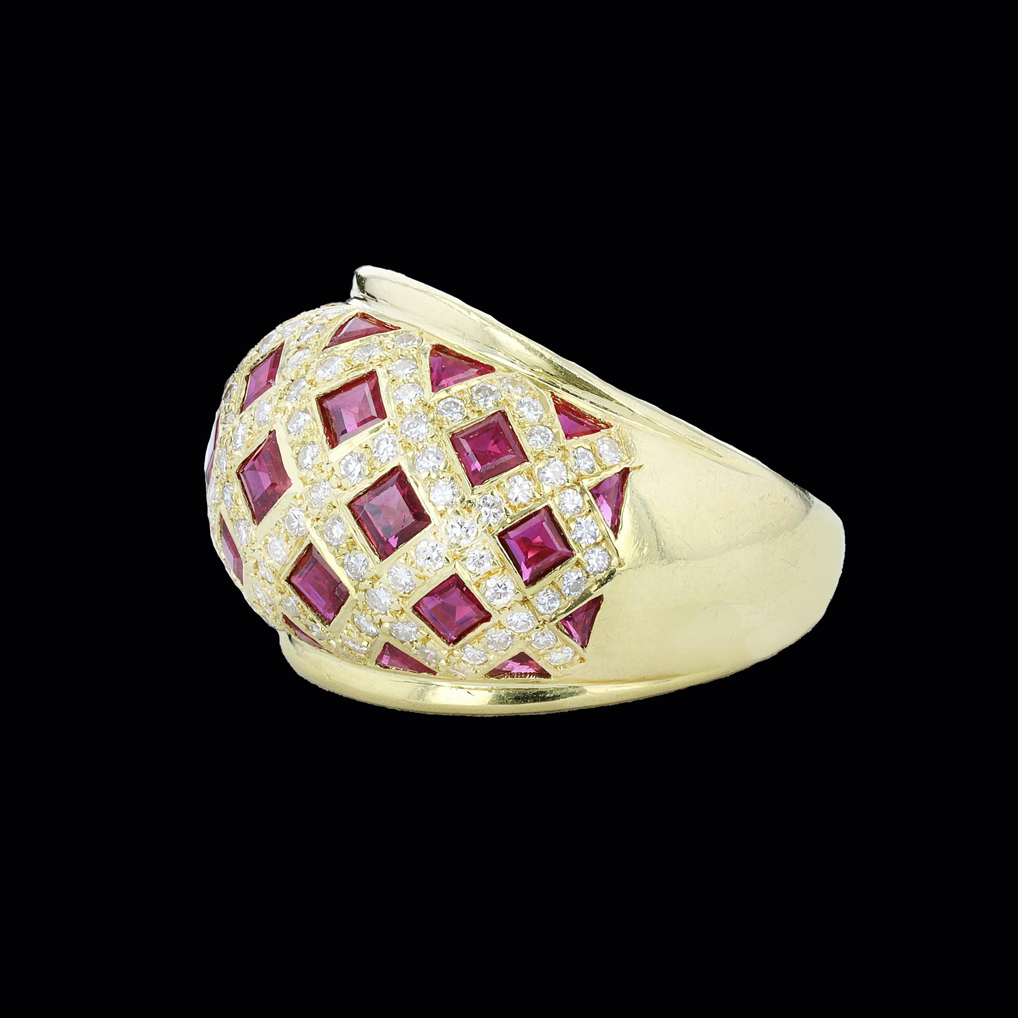 Ignite your passion for regal perfection with this 2.00ct ruby 1.00ct diamond 18K yellow gold ring. 

The ring is set with square and trilliant cut rubies and round cut diamonds that weigh approximately 2.00ct and 1.00ct respectively. 

The ring has