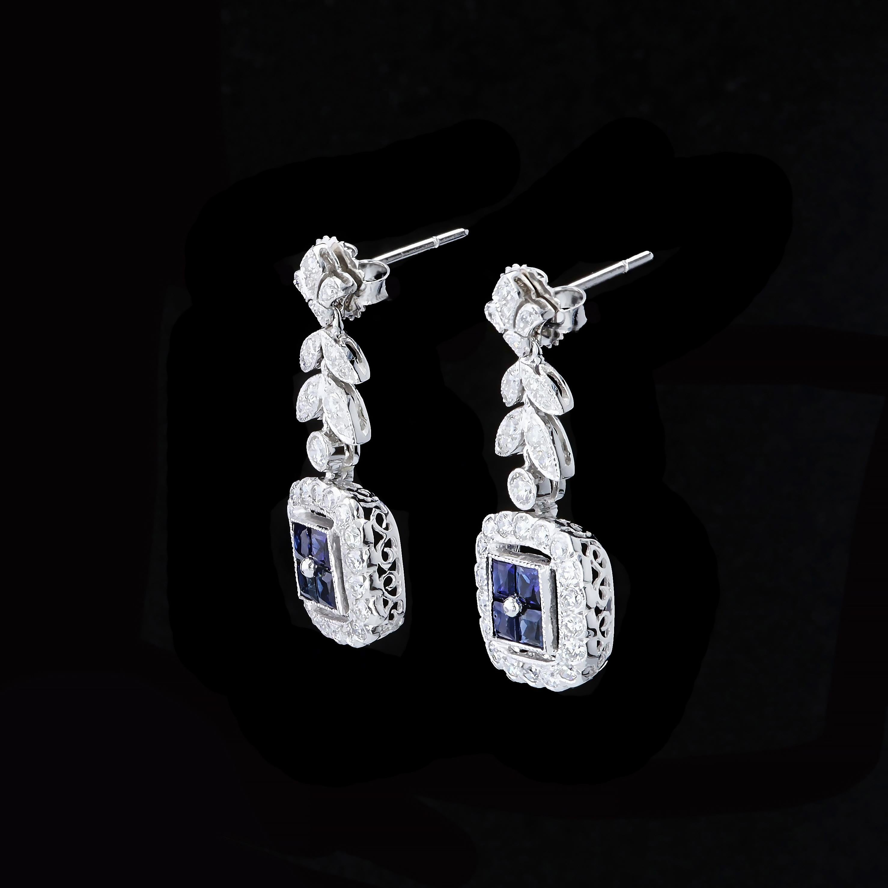 Square Cut Romantic Sapphire and Diamond Drop Earrings For Sale