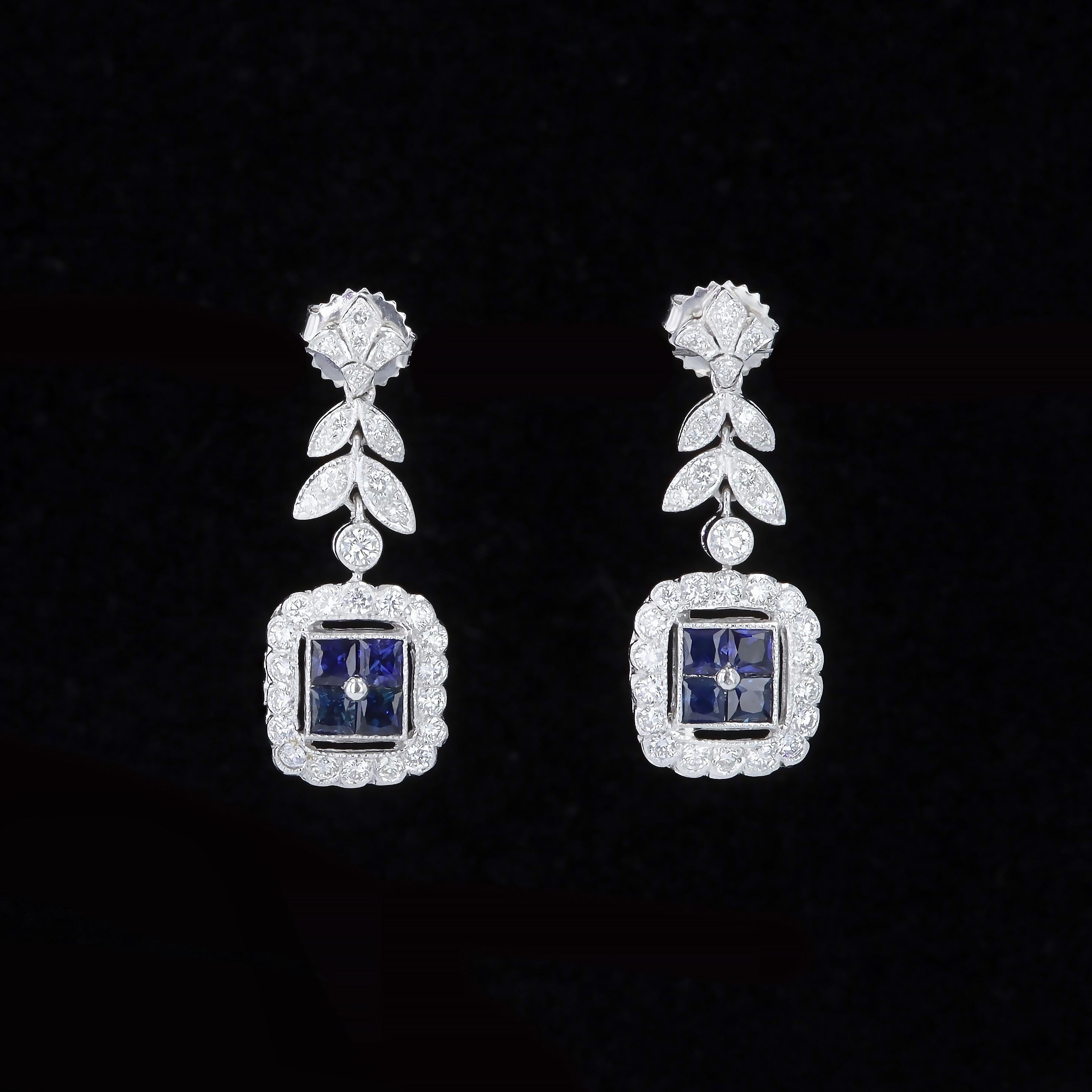 Romantic Sapphire and Diamond Drop Earrings In Excellent Condition For Sale In NEW ORLEANS, LA