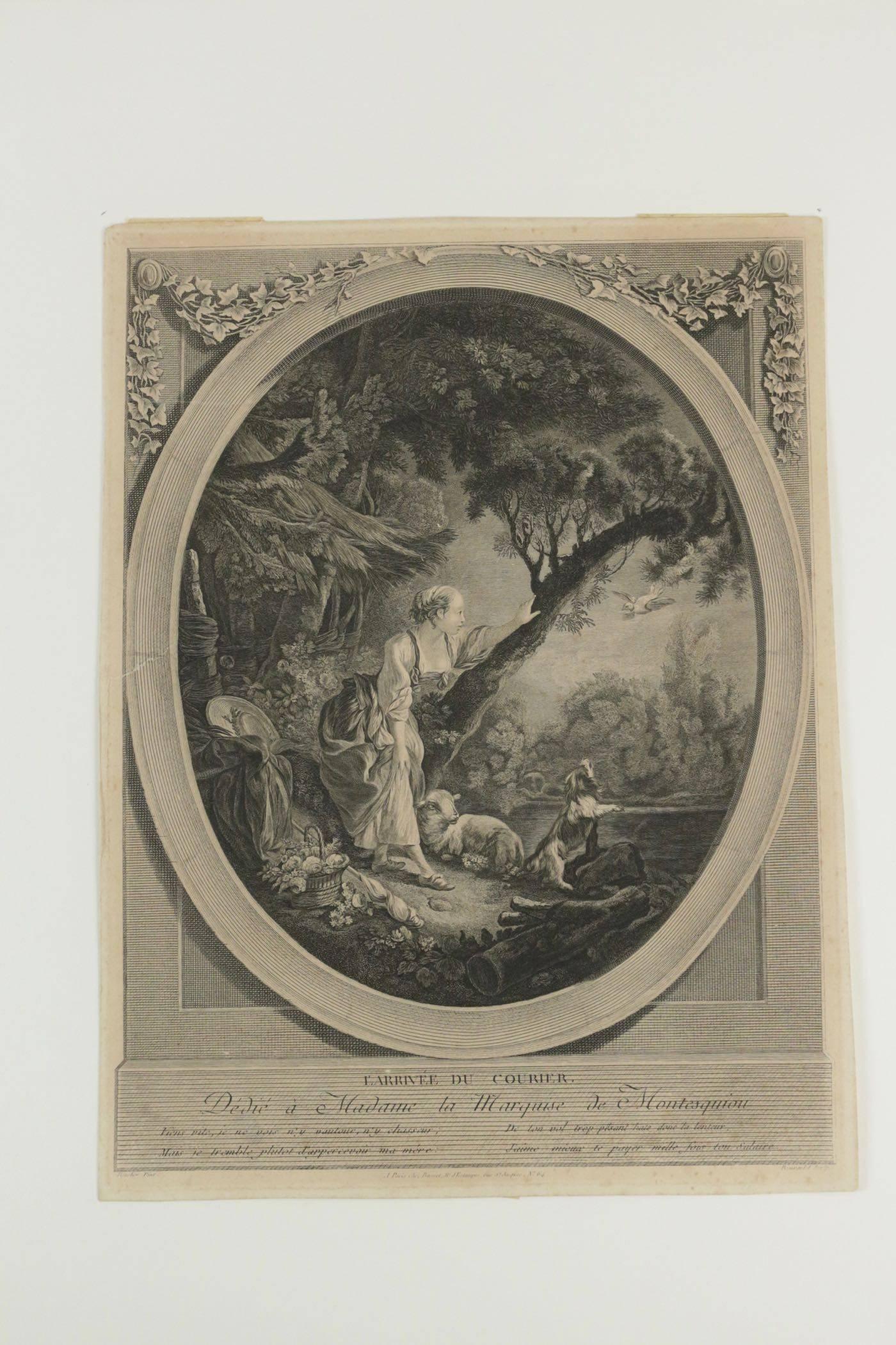 Romantic steel engraving from the 19th century L’Arrive du Courrier dedicated to Madame la Marquise de Montesquieu
Measure: H 45cm, L 34cm.
 
