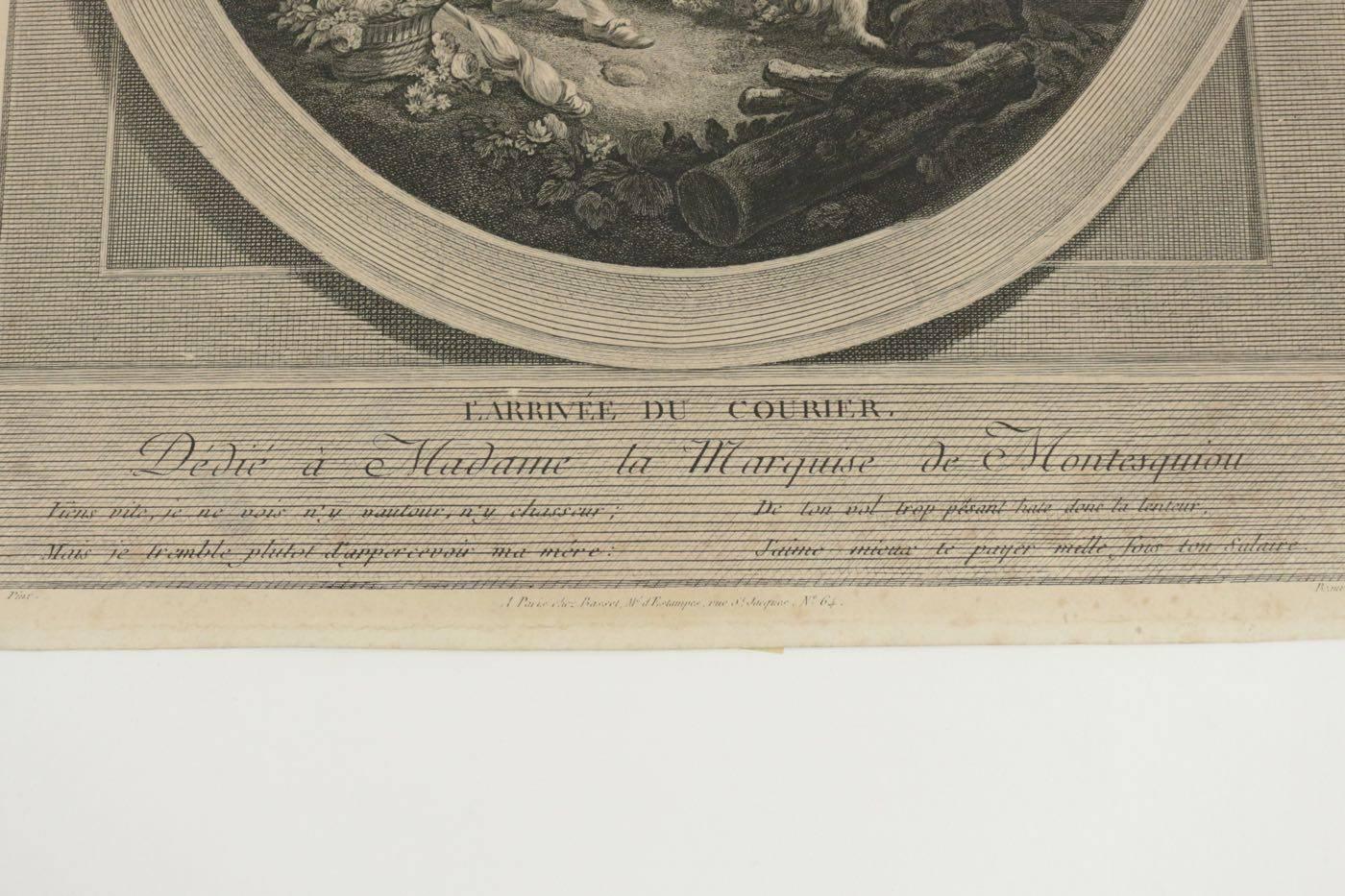 French Romantic Steel Engraving from the 19th Century L’arrive Du Courrier. For Sale