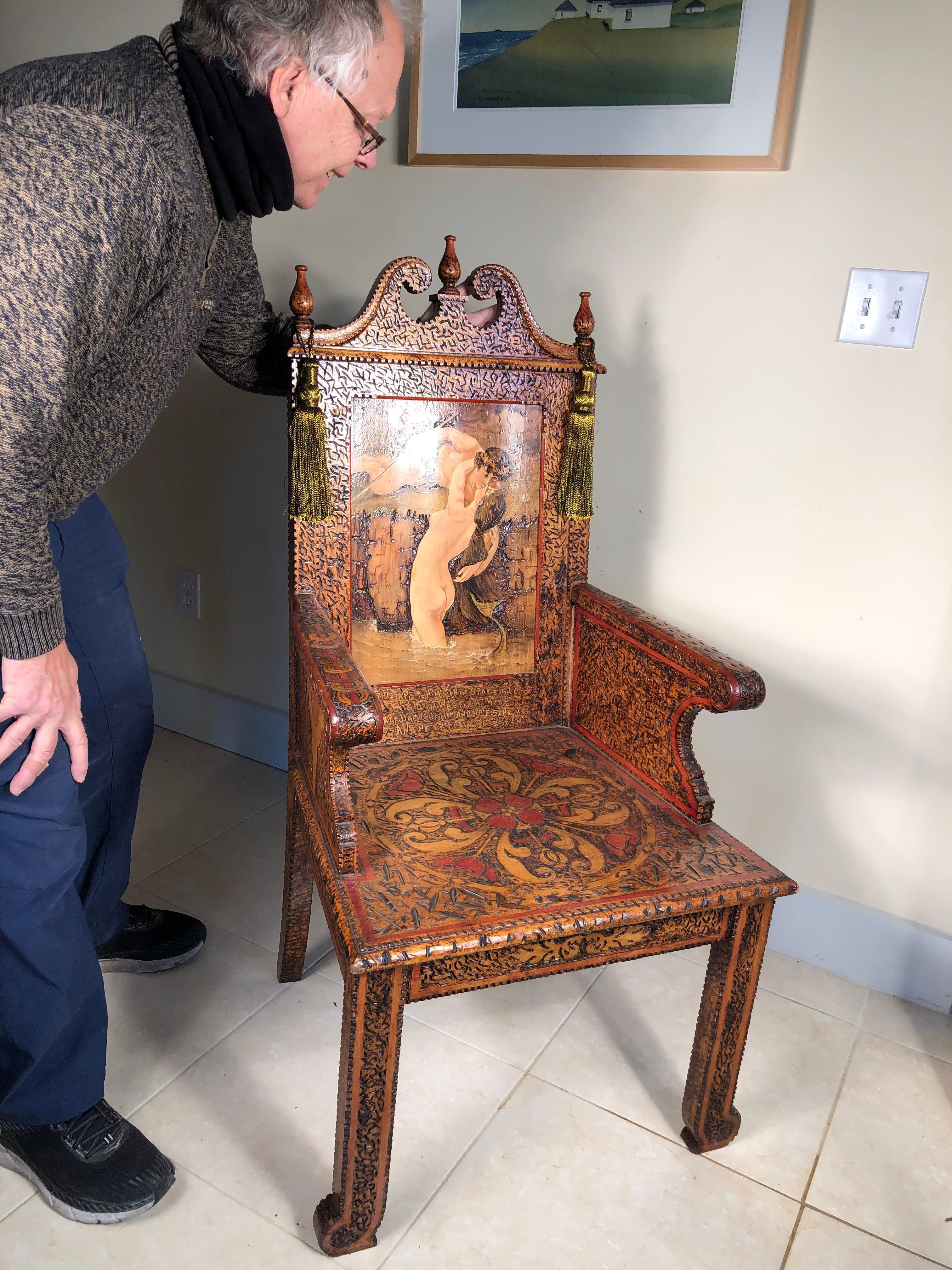 From an important thirty year old New England collection of hand decorated pyrography Arts & Crafts furnishings.

Unique work of art with a Rhode Island origin.

A romantic hand carved and hand painted one-of-a-kind throne chair painting and