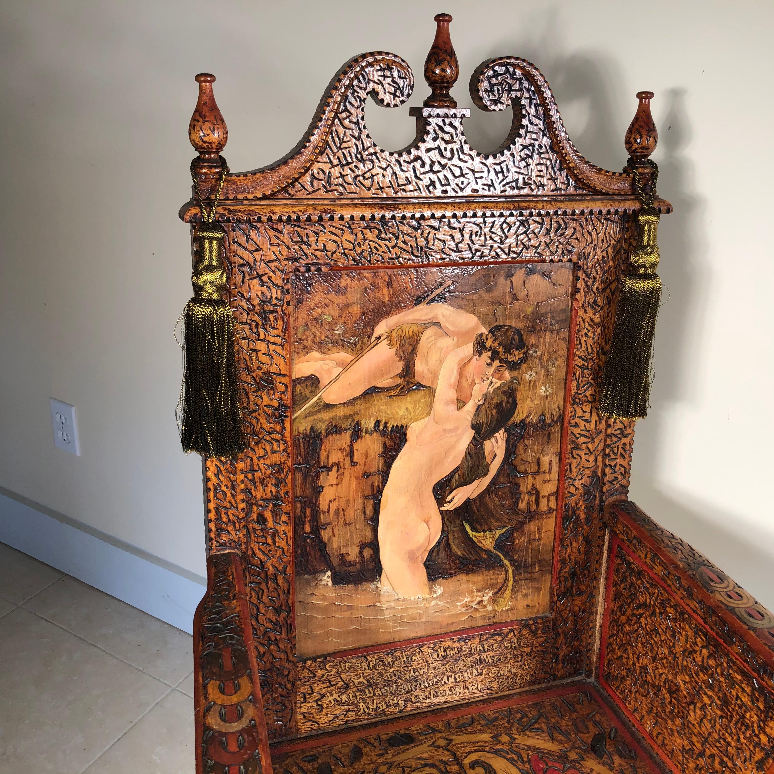 Arts and Crafts Chaise trône romantique unique décorée à la main Arts & Crafts Rhode Island en vente