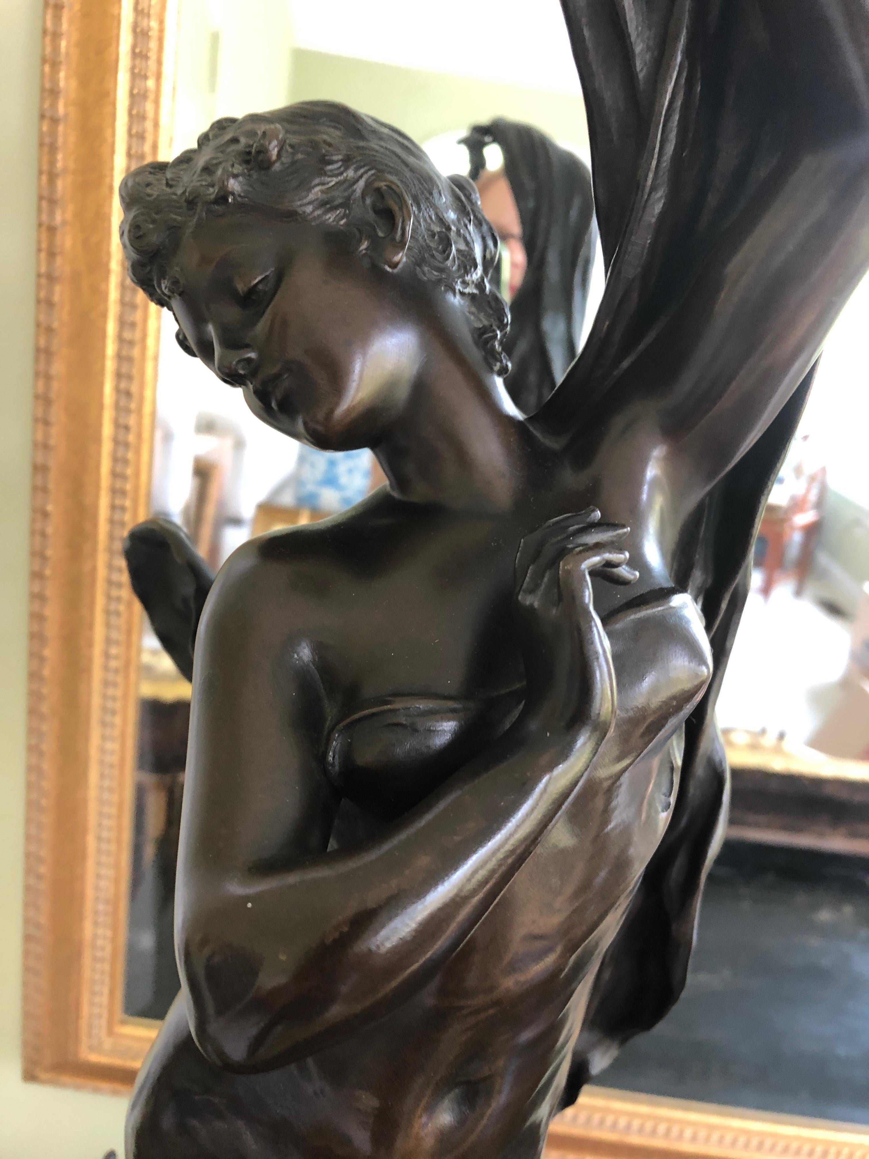 Romantic Very Fine 19th Century Bronze Figure with Putti on Marble Base In Excellent Condition In Hopewell, NJ