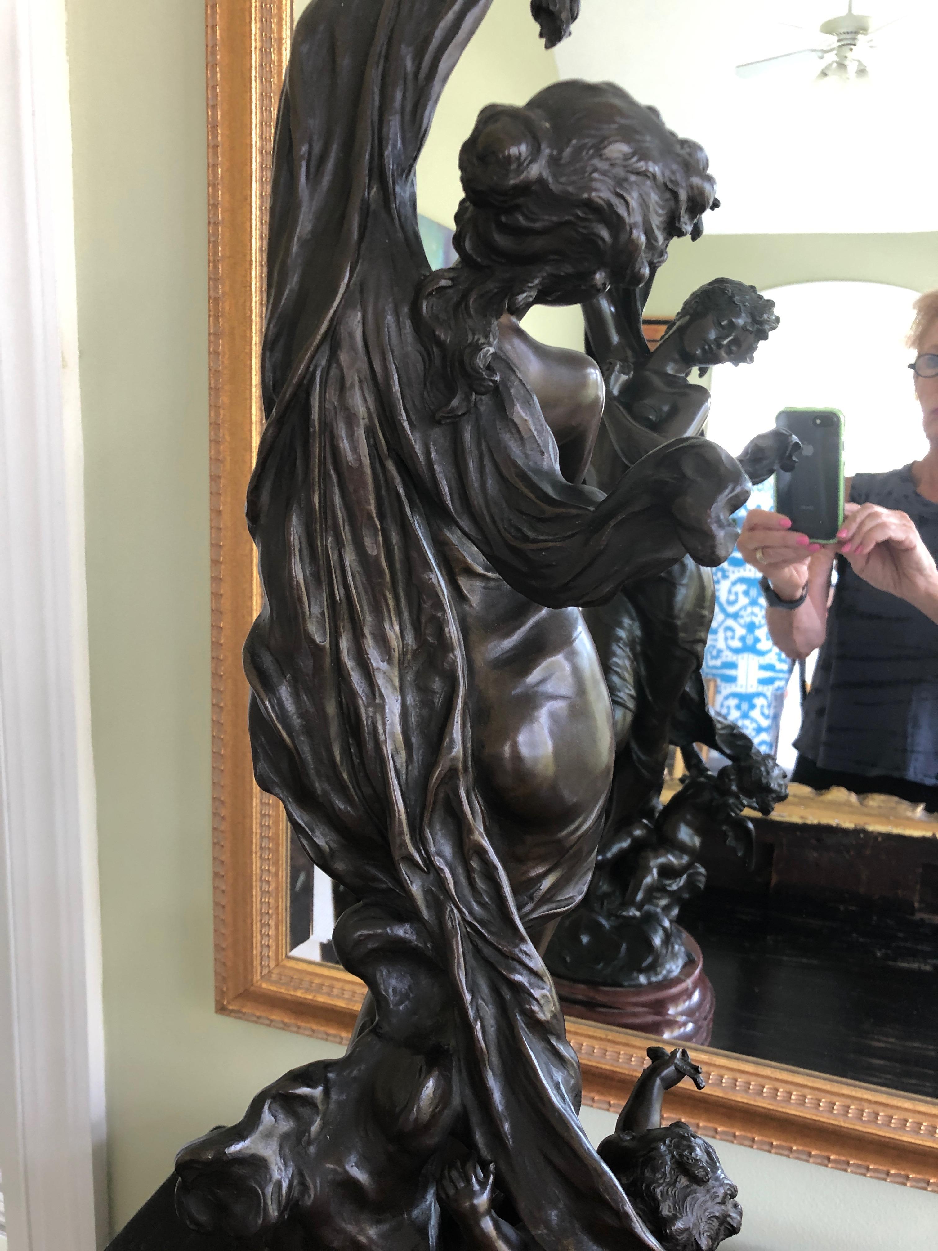 Romantic Very Fine 19th Century Bronze Figure with Putti on Marble Base 3