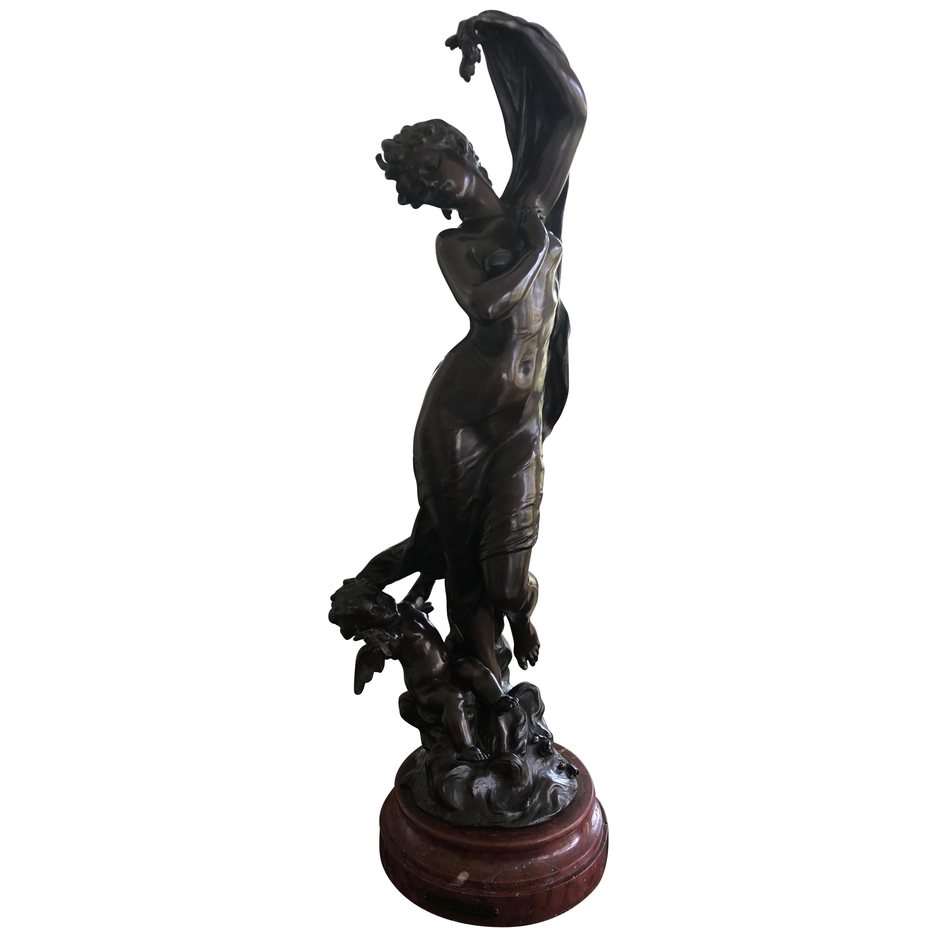 Romantic Very Fine 19th Century Bronze Figure with Putti on Marble Base