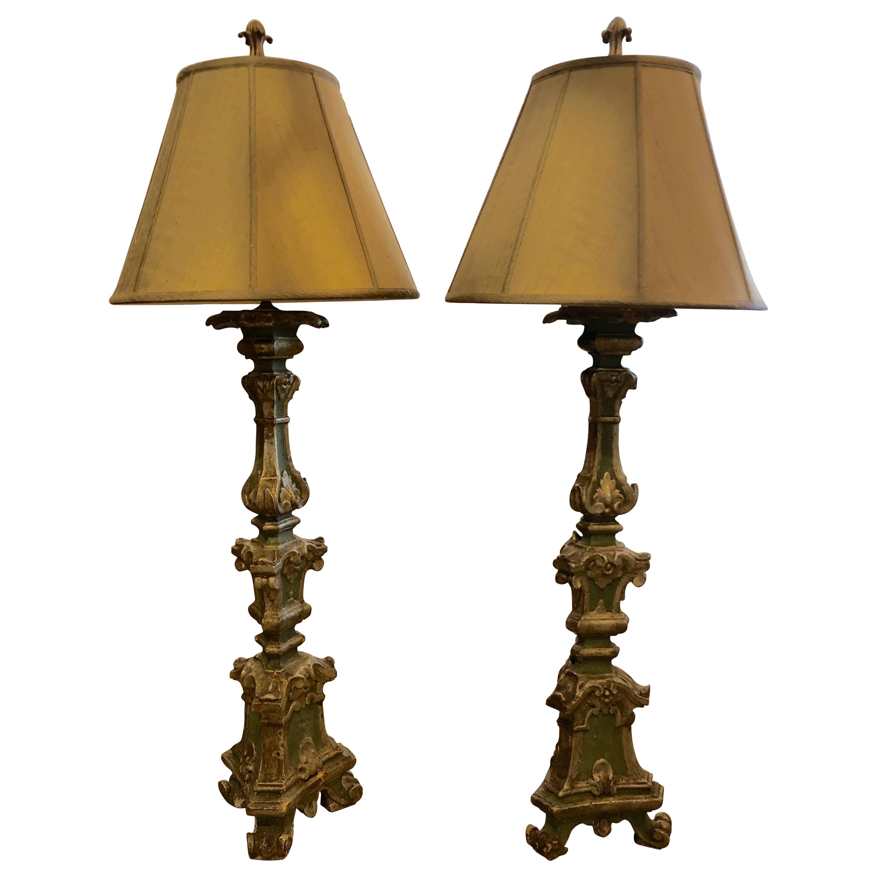 Romantic Very Tall Carved Wood and Gilded Italian Table Lamps