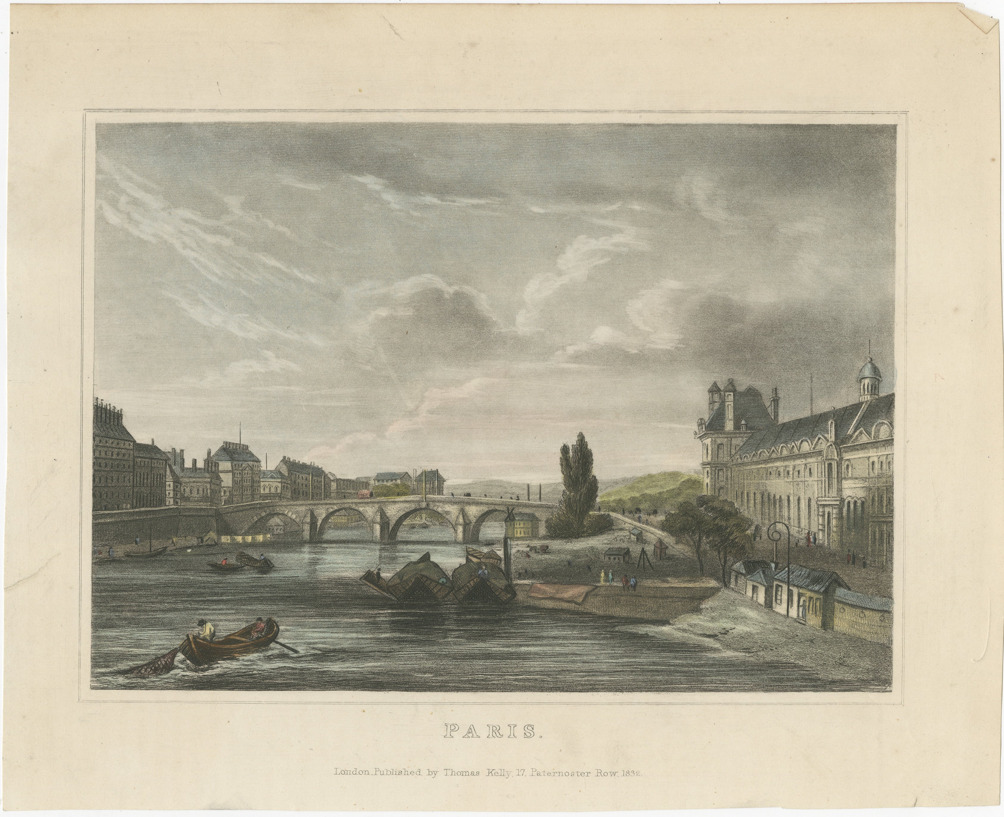 Title: Romantic View of Paris – A Rare 1832 Engraving by Thomas Kelly  

Description: This hand-colored engraving, published by Thomas Kelly in 1832, offers a picturesque view of Paris, capturing the timeless charm and elegance of the city during