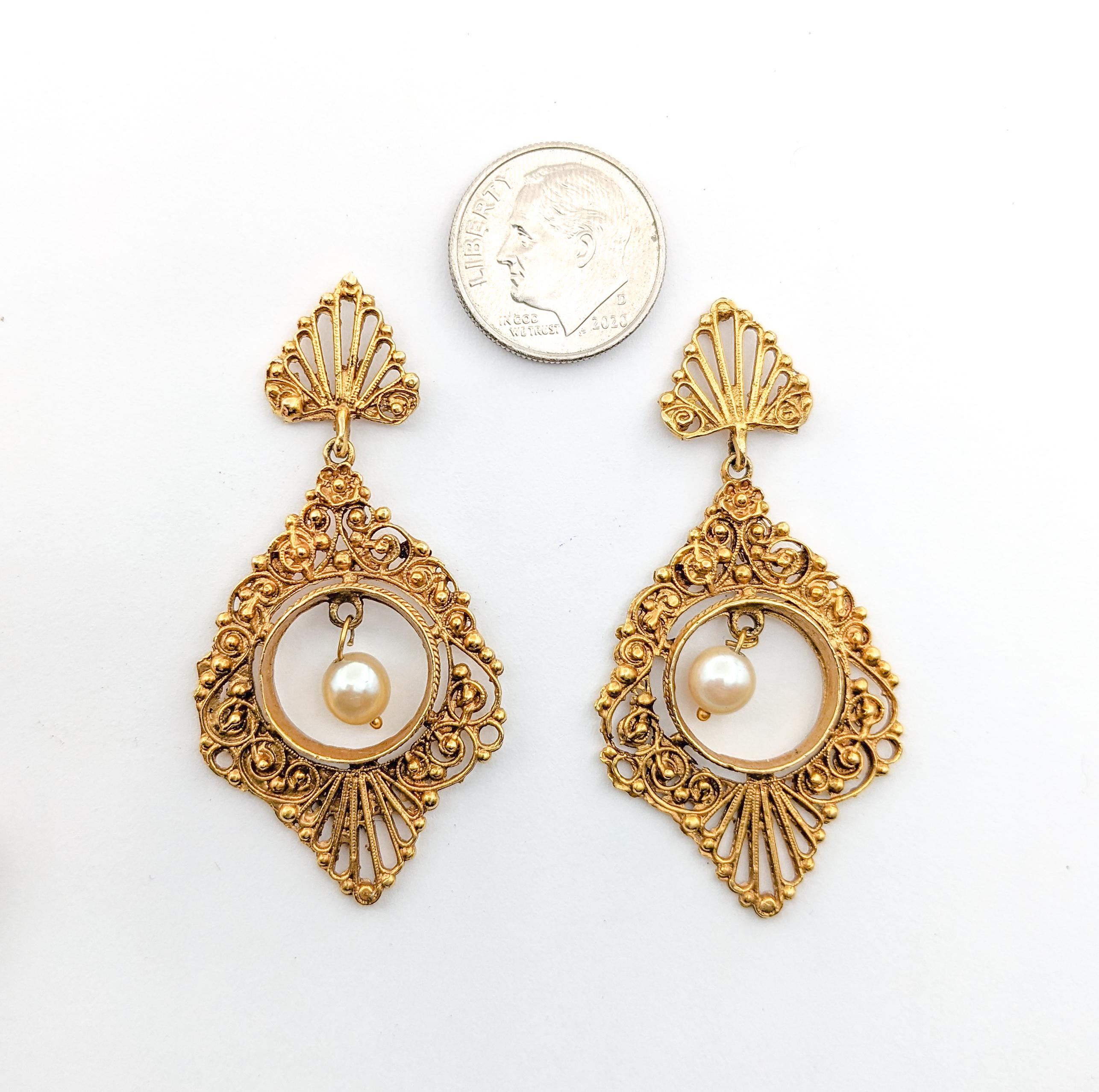 Modern Romantic Vintage Filigree Pearl Drop Earrings in Yellow Gold For Sale
