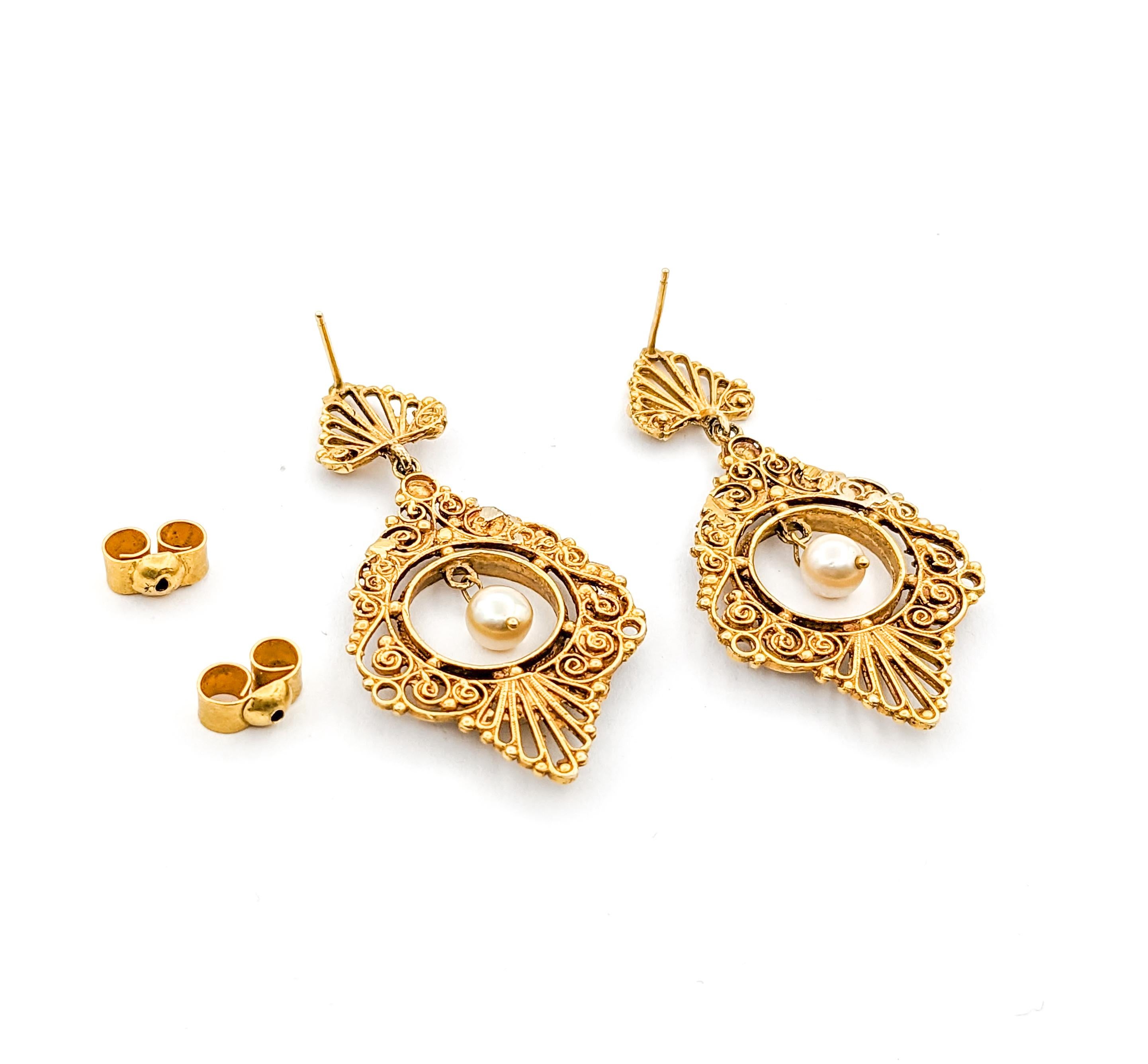 Round Cut Romantic Vintage Filigree Pearl Drop Earrings in Yellow Gold For Sale