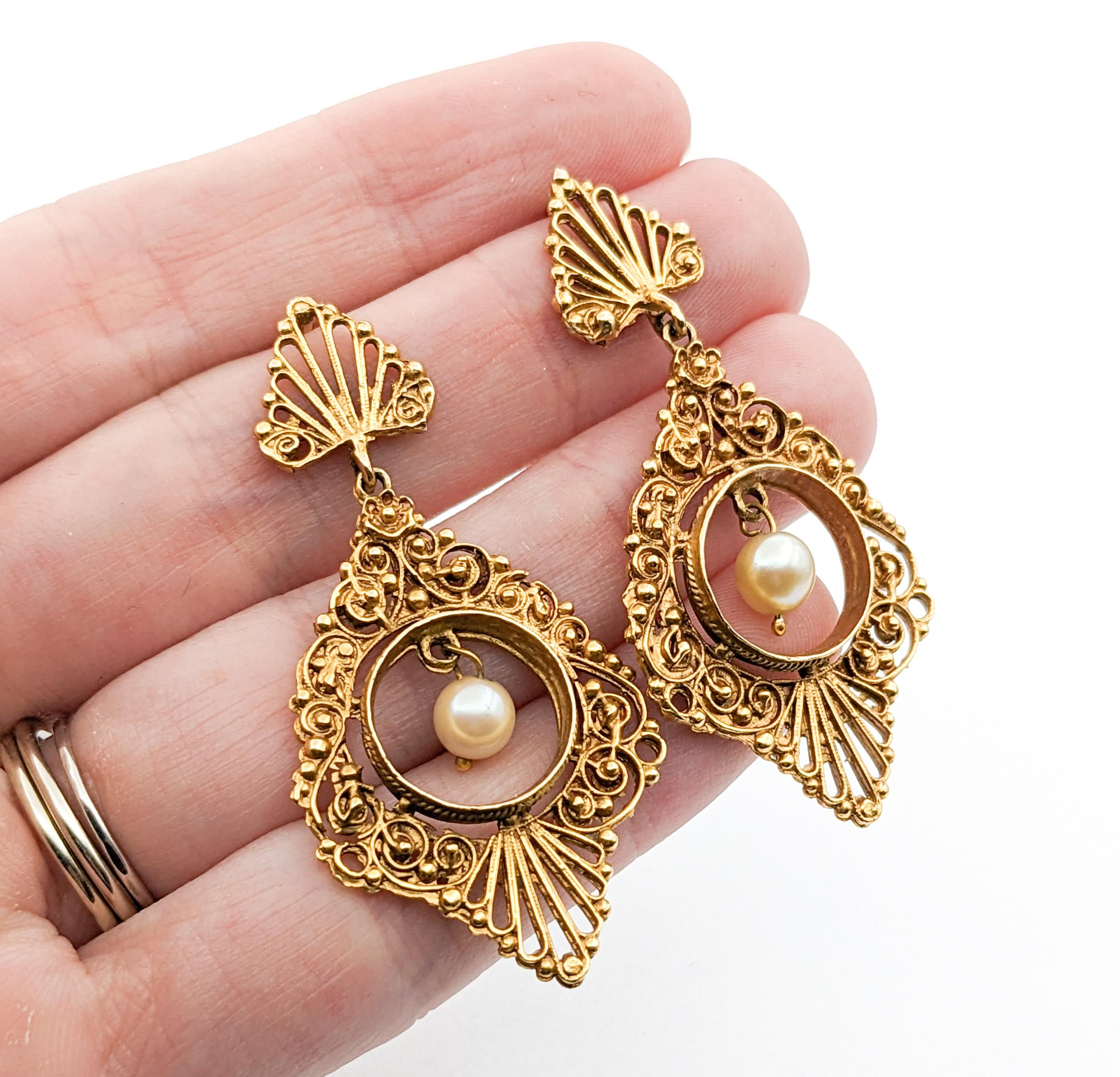 Romantic Vintage Filigree Pearl Drop Earrings in Yellow Gold In Excellent Condition For Sale In Bloomington, MN