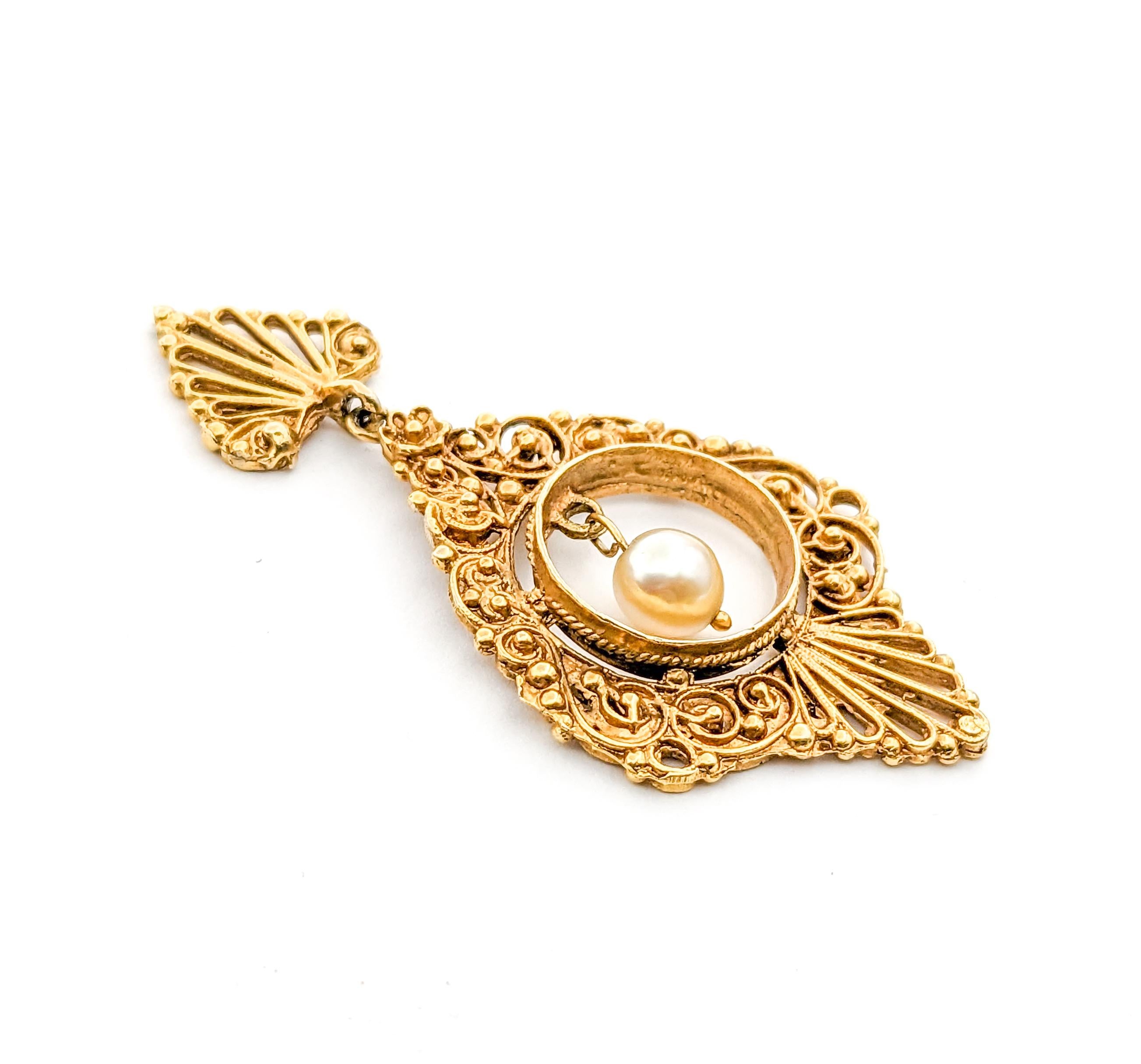 Women's Romantic Vintage Filigree Pearl Drop Earrings in Yellow Gold For Sale