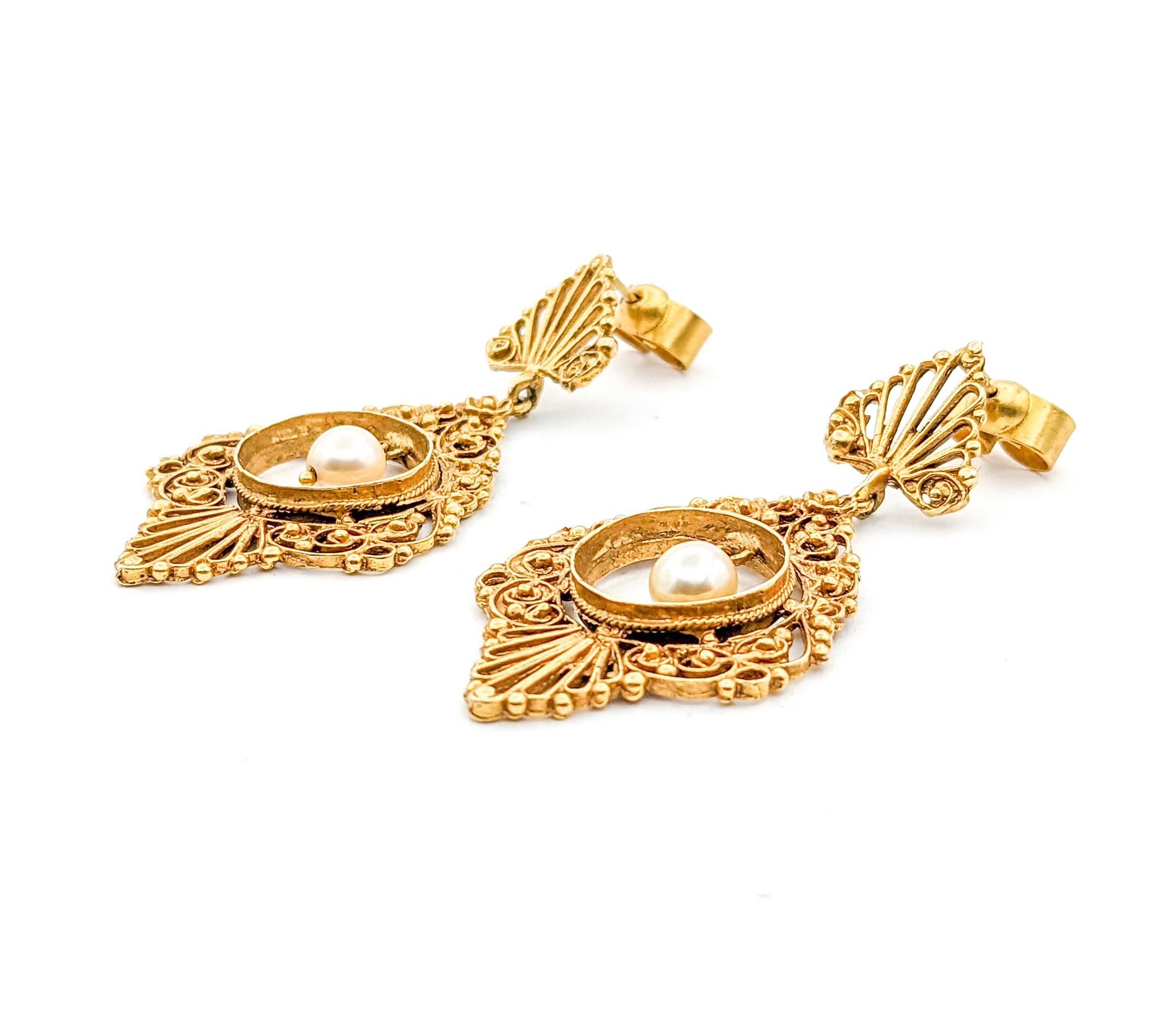 Romantic Vintage Filigree Pearl Drop Earrings in Yellow Gold For Sale 1