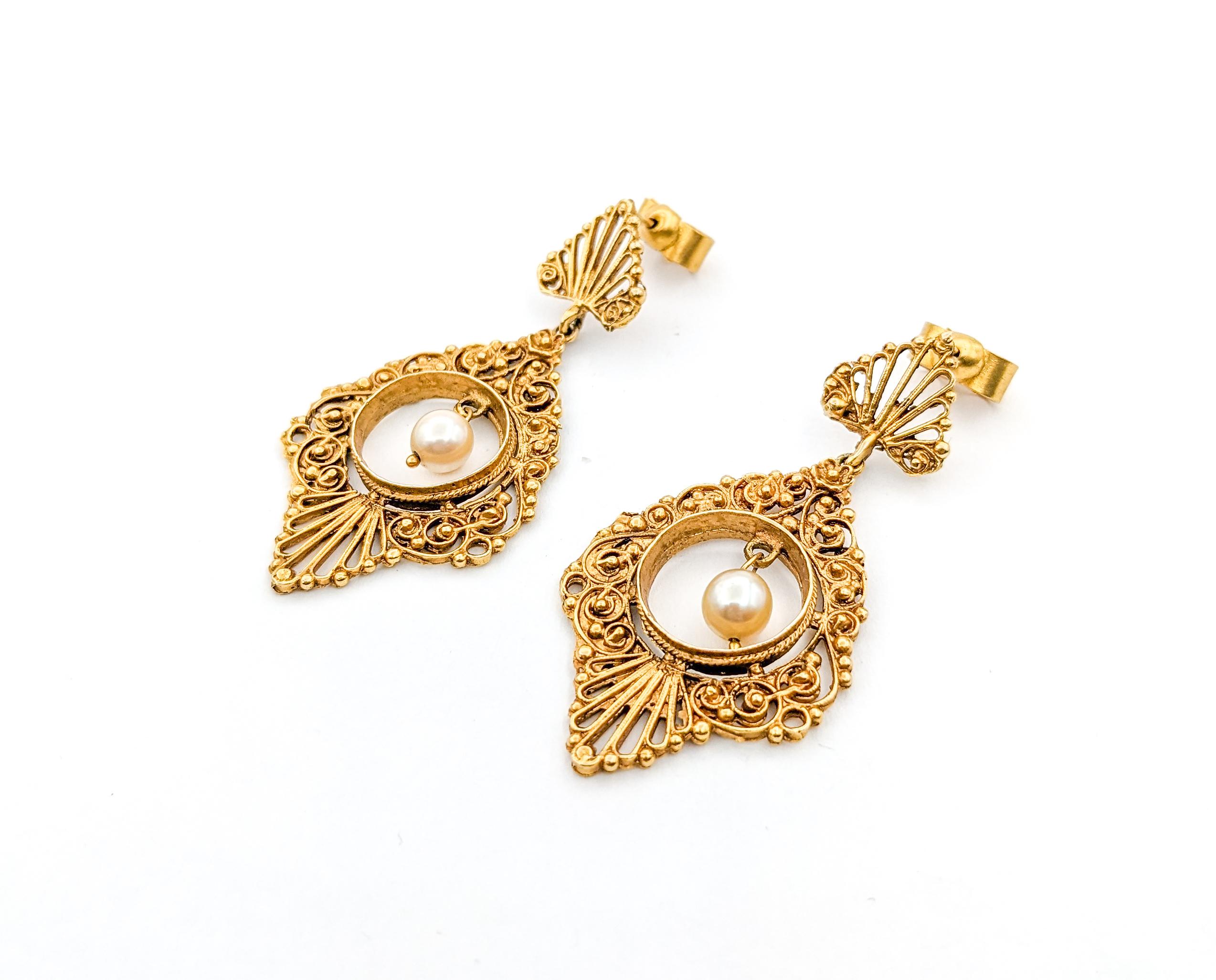Romantic Vintage Filigree Pearl Drop Earrings in Yellow Gold For Sale 3