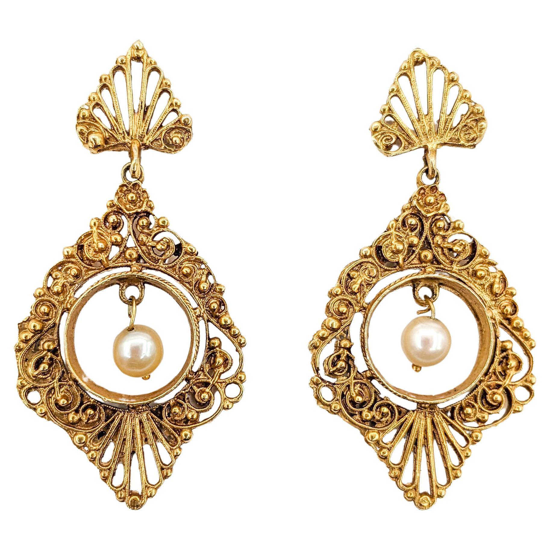 Romantic Vintage Filigree Pearl Drop Earrings in Yellow Gold For Sale