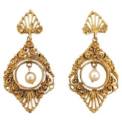 Romantic Vintage Filigree Pearl Drop Earrings in Yellow Gold
