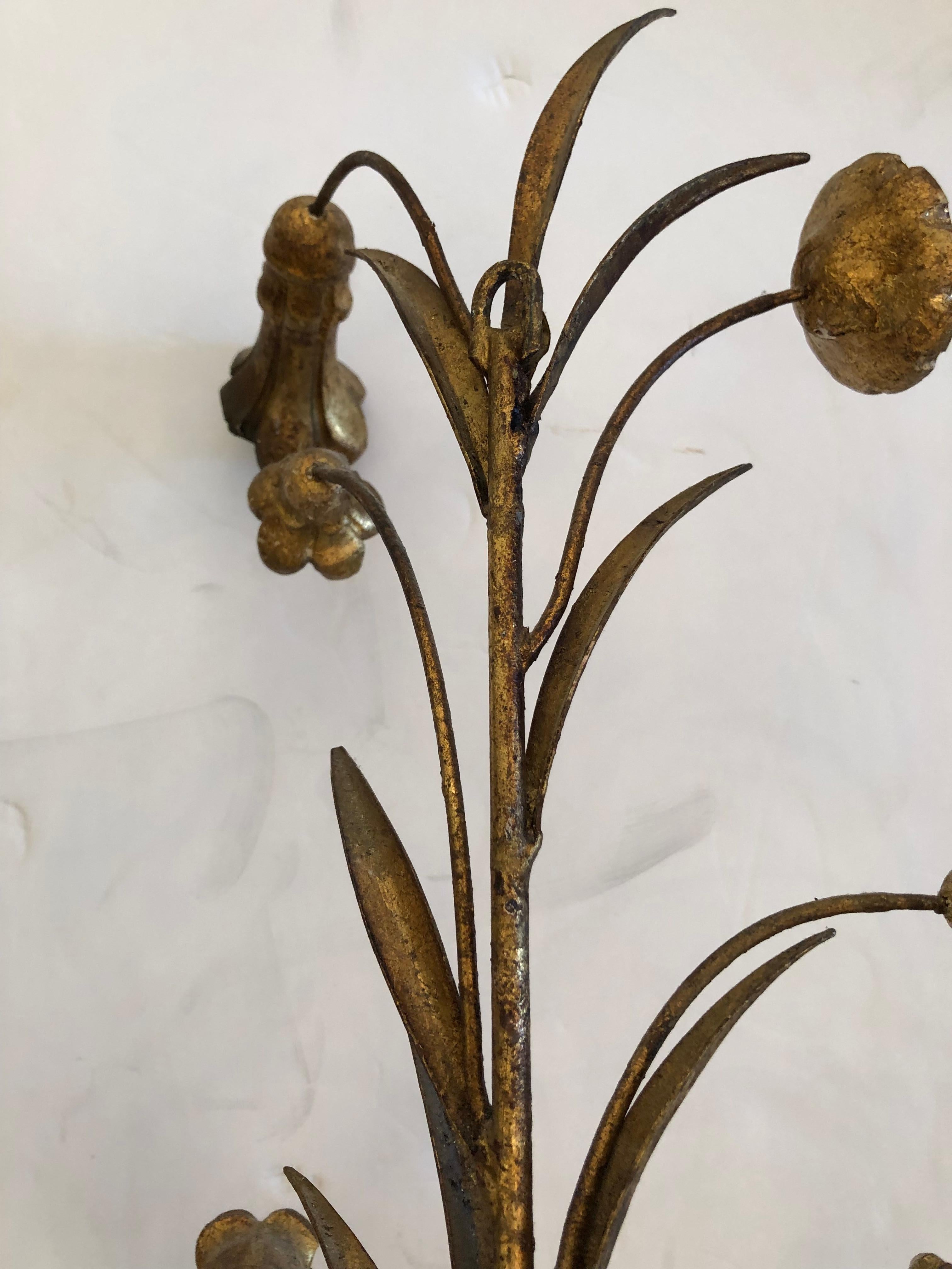 Romantic Vintage Italian Gilded Iron Tole and Carved Wood Candle Sconces In Good Condition In Hopewell, NJ
