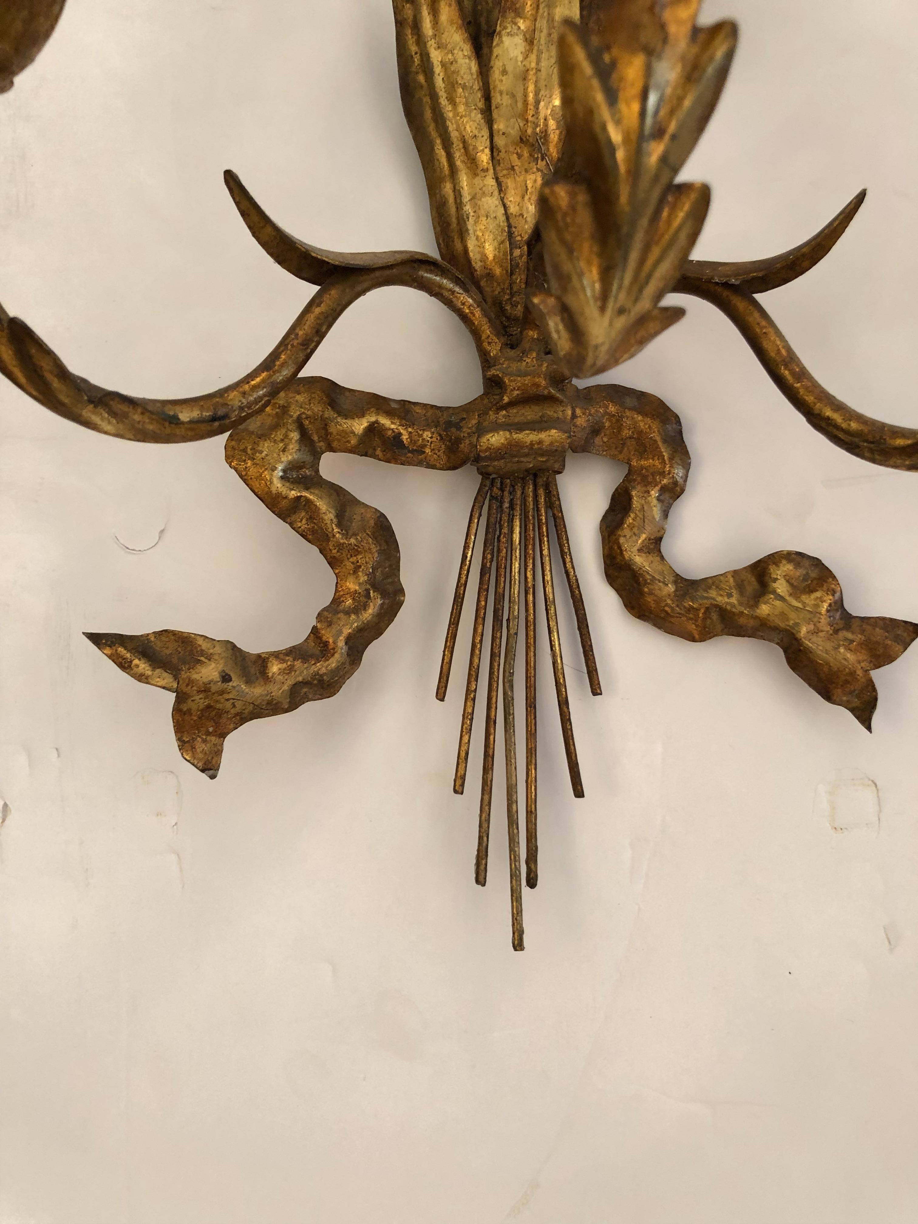 Mid-20th Century Romantic Vintage Italian Gilded Iron Tole and Carved Wood Candle Sconces
