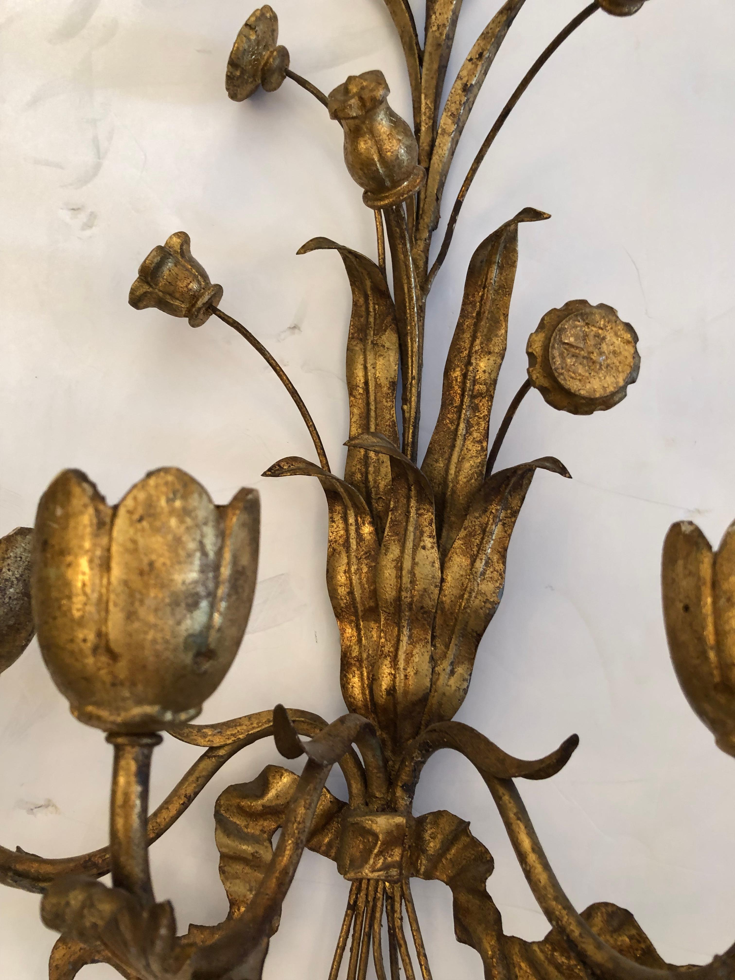 Metal Romantic Vintage Italian Gilded Iron Tole and Carved Wood Candle Sconces