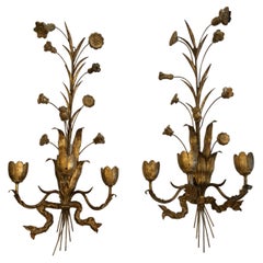 Romantic Vintage Italian Gilded Iron Tole and Carved Wood Candle Sconces