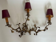 Romantica applique da parete Branch organici con foglie forgiati e dorati a mano del 1850