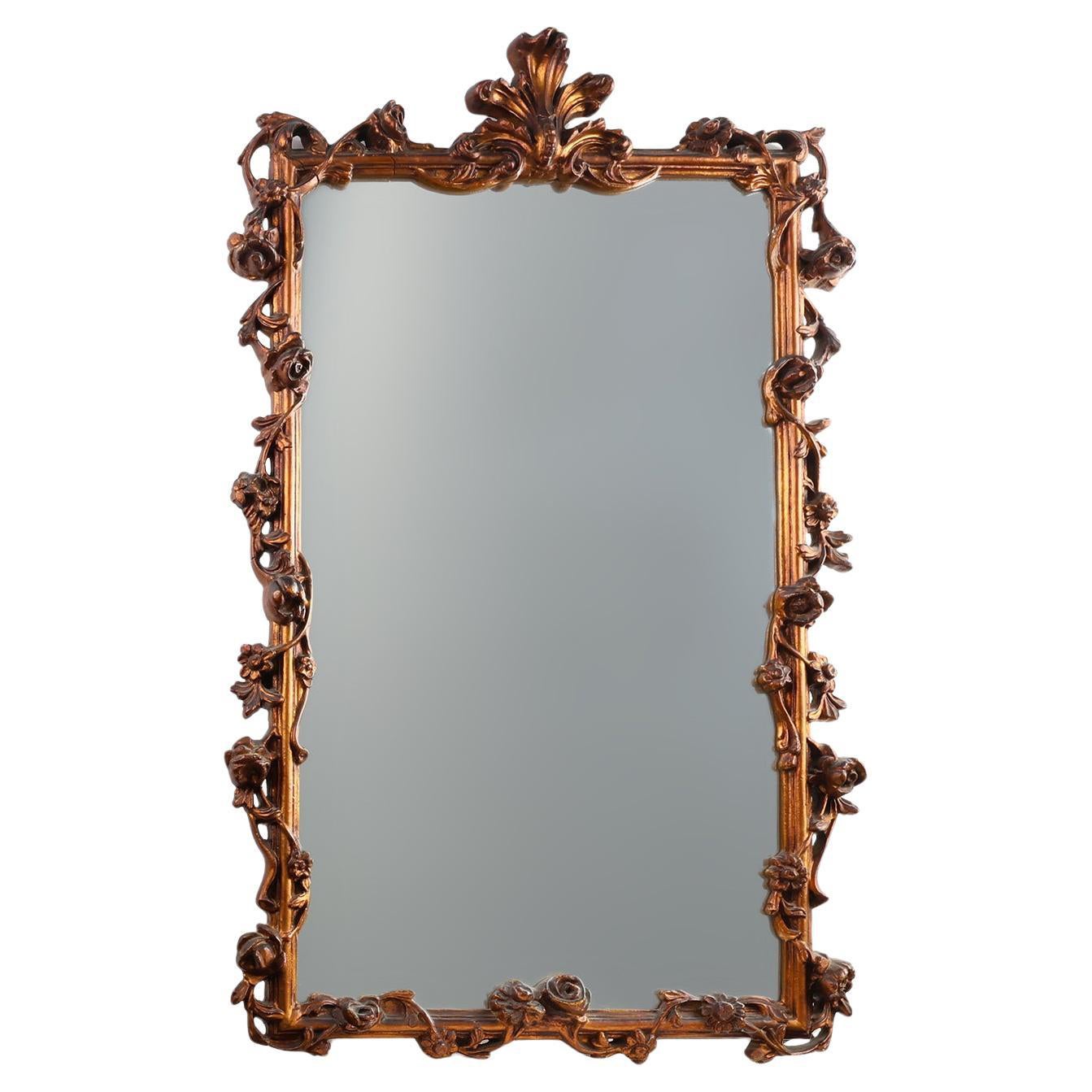 Miroir romantique en bois avec détails floraux, France, années 1950
