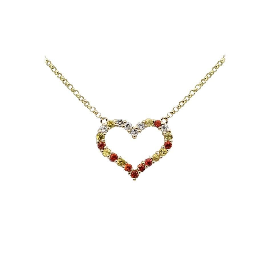Modern Romantic Yellow Orange Sapphire Diamond Yellow Gold Empty Heart Necklace For Sale